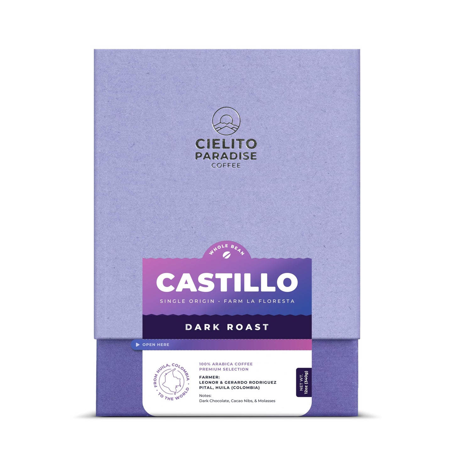 Castillo Dark Roast Cielito Paradise Coffee Whole Bean Huila Colombia Single Origin versatile and savory with notes of dark chocolate cacao nibs and molasses 12oz