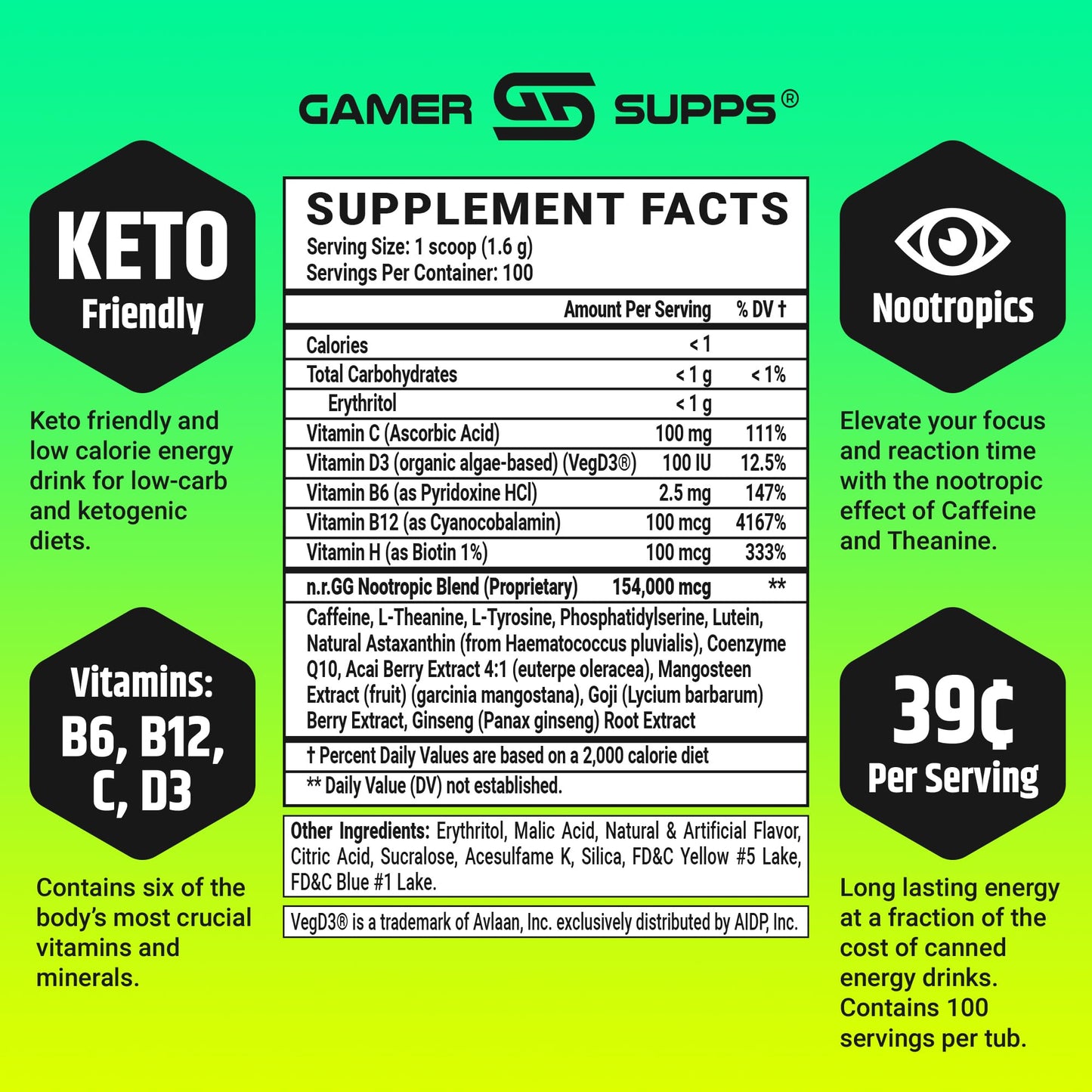 Gamer Supps, Blo'hole Blast (100 Servings) - Keto Friendly Gaming Energy and Nootropic, Sugar Free Caffeine + Vitamins - Energy Drink Powder
