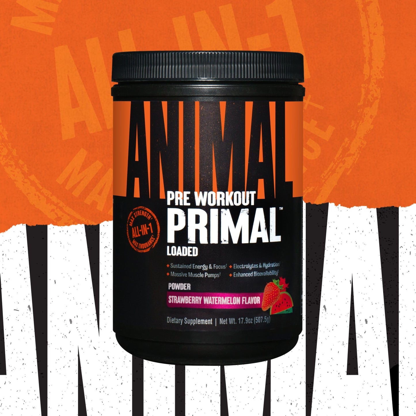 Animal Primal Muscle Hydration + Preworkout Powder - Contains Beta Alanine, 3DPump, Caffeine & Electrolytes - Improves Energy, Focus, Endurance & Absorption - Strawberry Watermelon Flavor, 17.9 oz