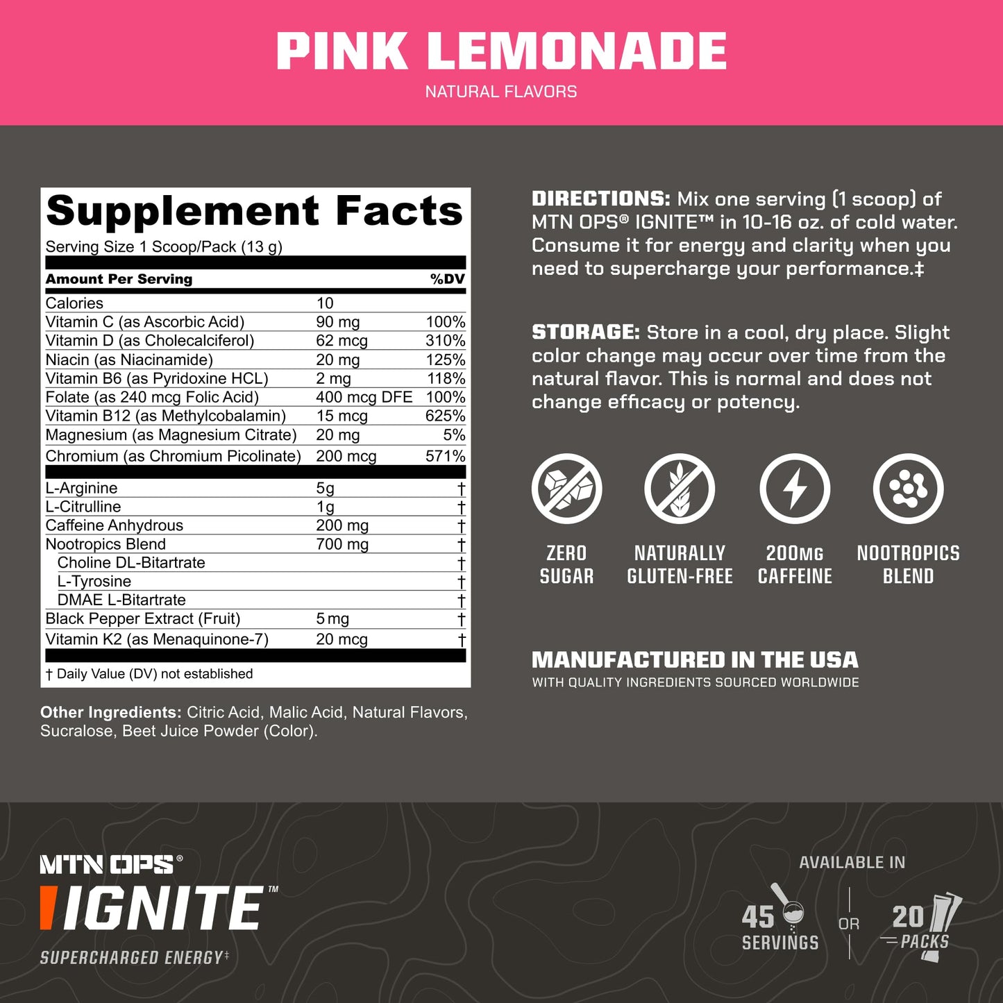 MTN OPS Ignite Energy Drink Powder, Gluten Free Nitric Oxide Supplement Drink Mix, L Arginine, L Citrulline, Caffeine & Nootropic Sugar Free Drink Mix, 45 Servings, Pink Lemonade