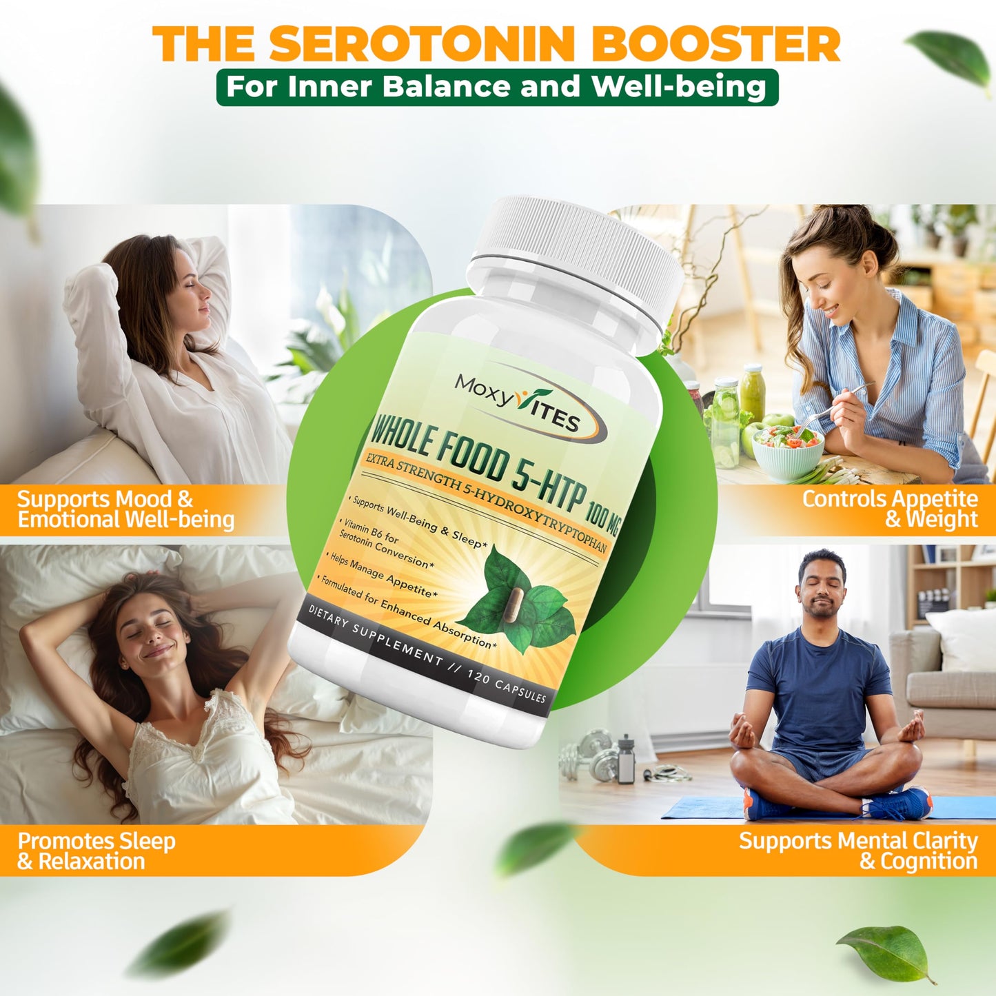 MoxyVites 5HTP 100mg Supplement, Plus B6, 5 HTP Organic Whole Food - Best Serotonin Booster - Non-GMO, 120 Vegan Capsules