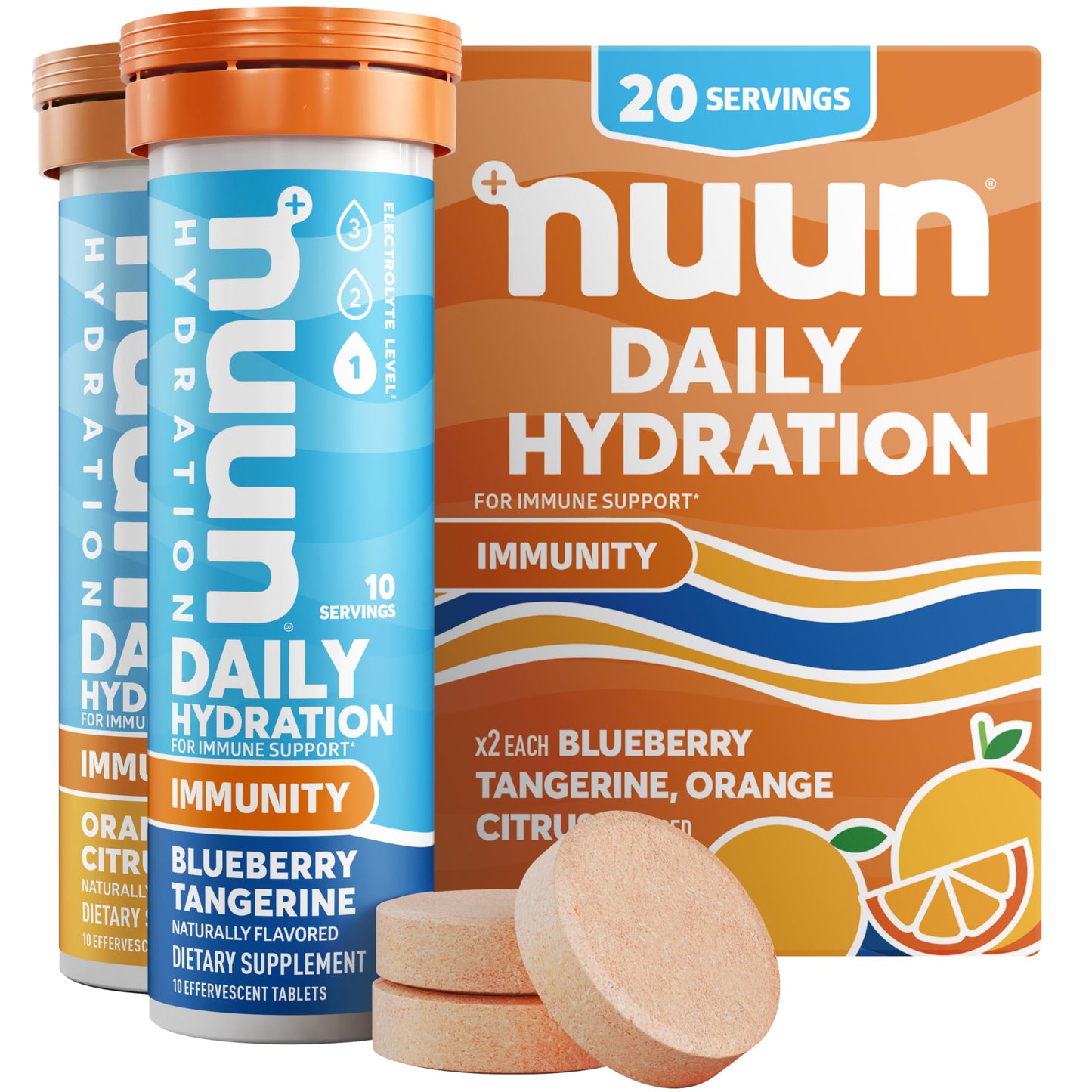 Nuun Immunity Electrolyte Tablets with Vitamin D, C, E, & A, Ginger, Elderberry, Magnesium & 4 Other Essential Electrolytes, Vegan, Blueberry Tangerine & Orange Citrus, 2 Pack (20 Servings Total)