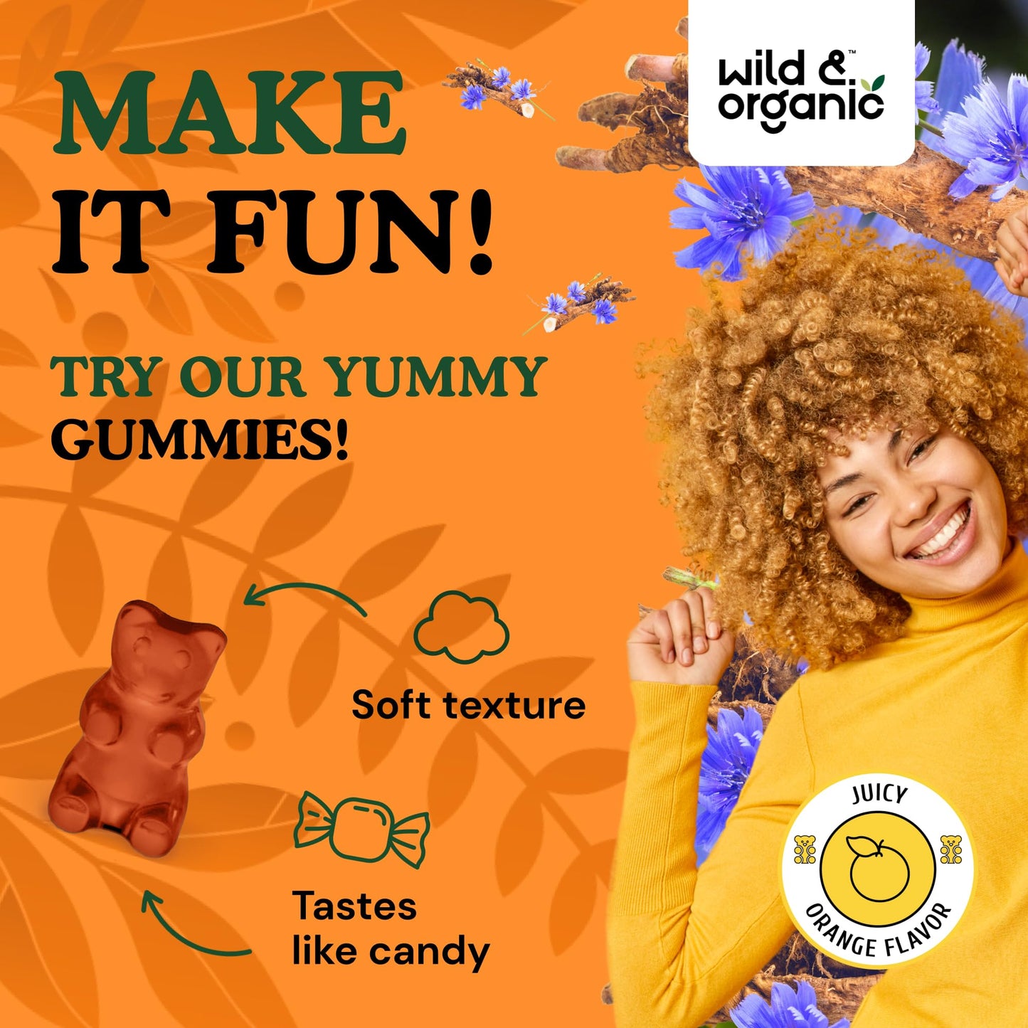 Wild & Organic Inulin Fiber Gummies 4000mg - Digestive Support w/Chicory Root - Soluble Fiber Supplement w/Inulin Powder - Prebiotics for Gut Support - 60 Prebiotic Gummies
