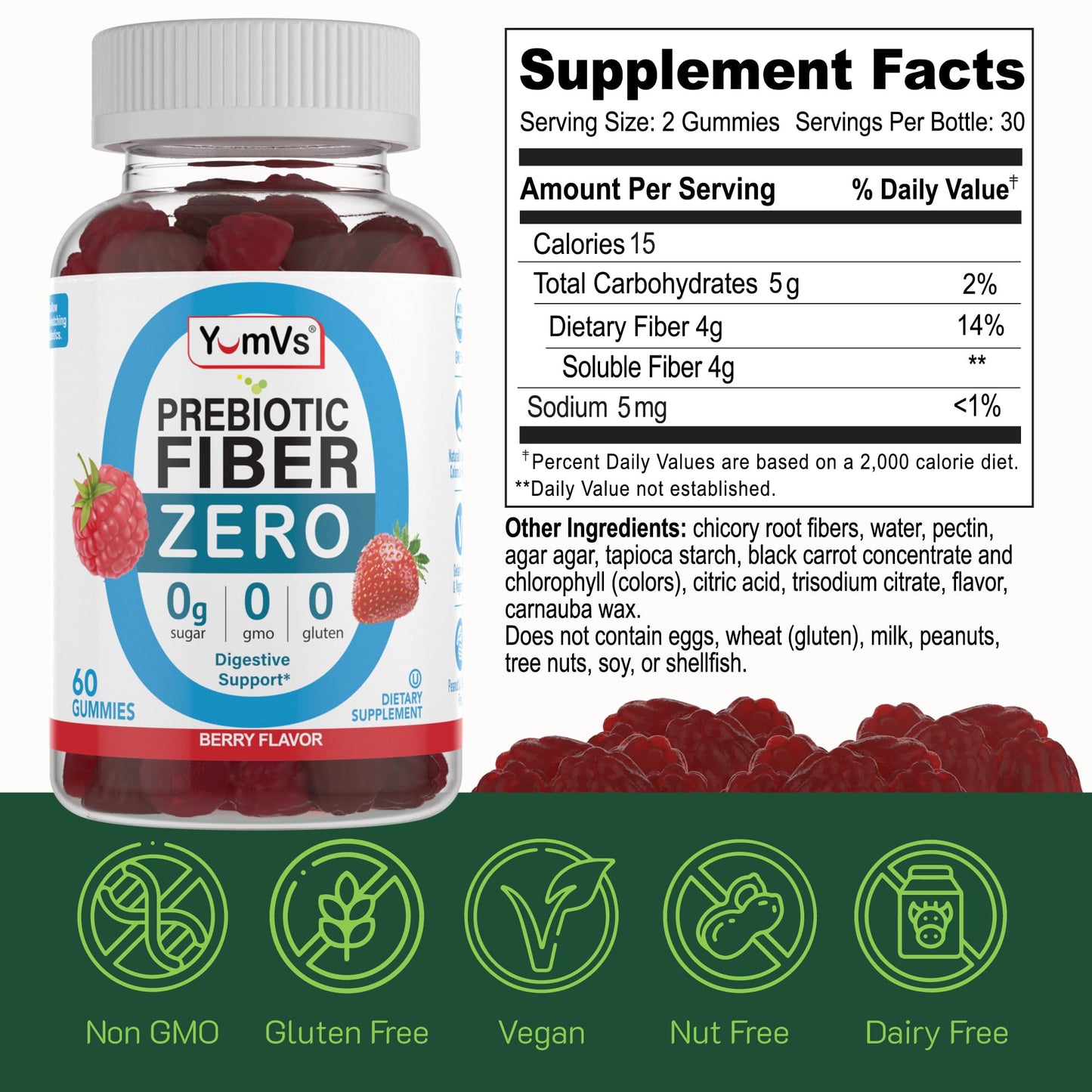 YUM-V'S Prebiotic Fiber Zero Gummies, Keto Friendly Sugar Free Supplement, 4 g Fiber for Digestive Support, Natural Berry Flavor Chewables for Women & Men, 60 Count