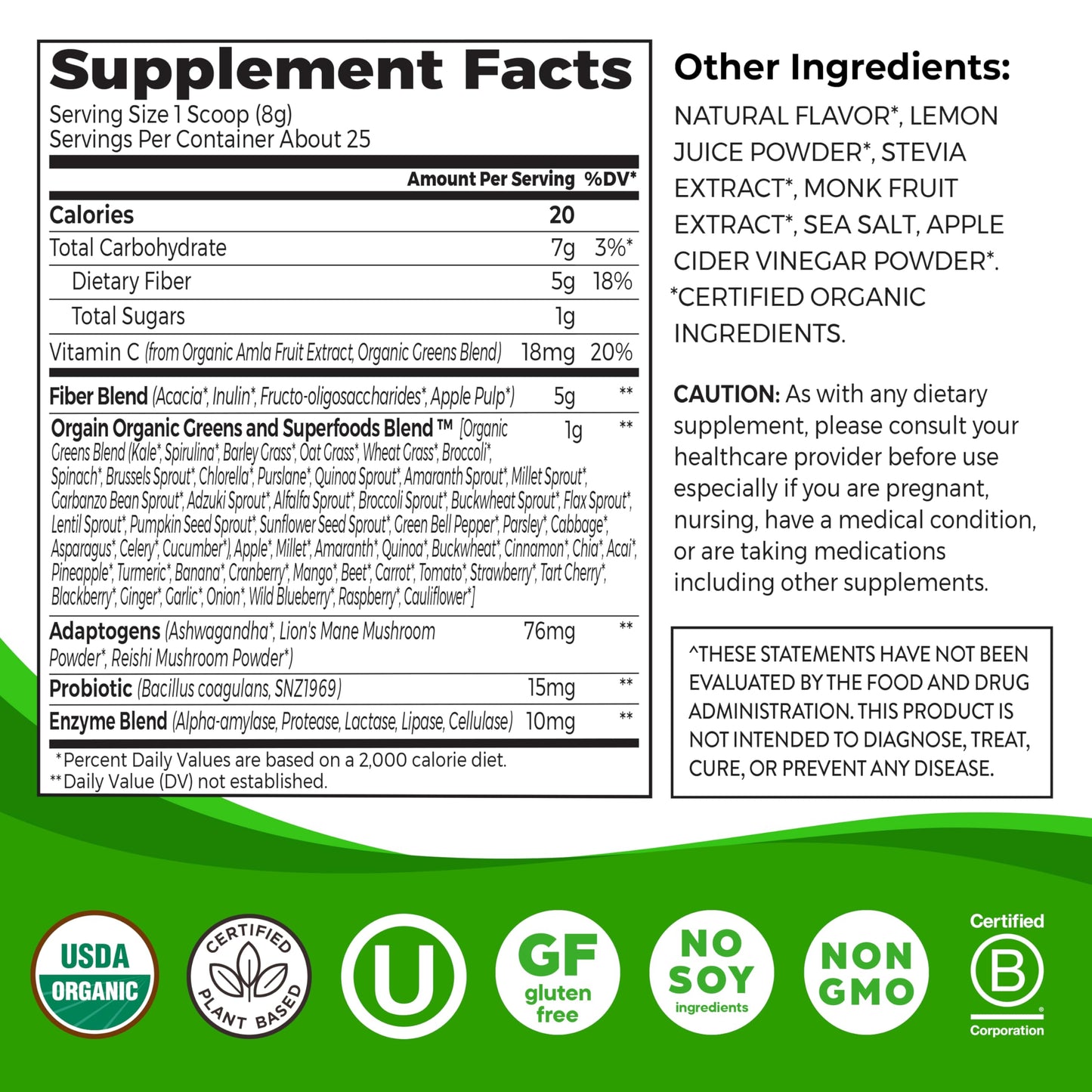 Orgain Organic Wonder Gut Fiber Supplement Powder, 5 in 1 Blend with 1 Billion Probiotics, Greens, Vitamin C, Adaptogens for Gut Health and Immune Support, Non-GMO, Orange Mango, 7.05 oz