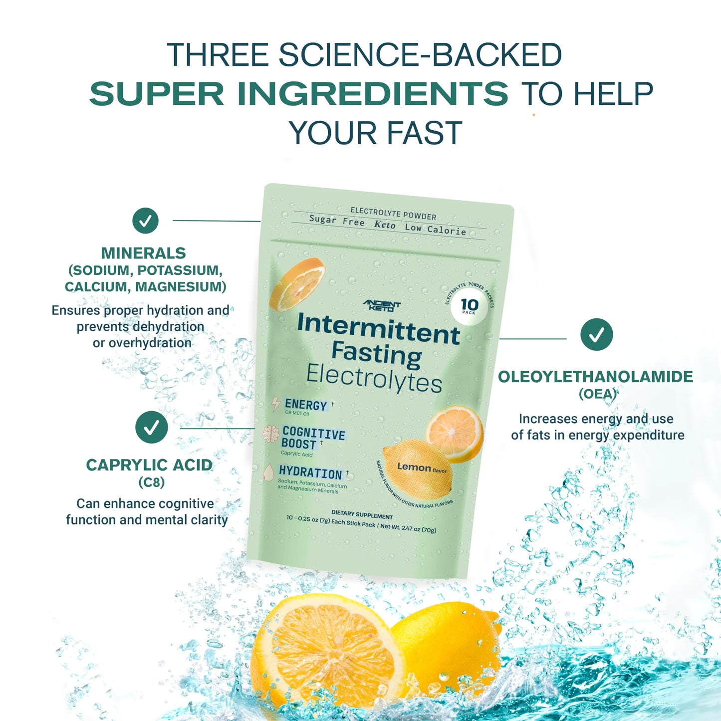 Ancient Keto Fasting Electrolytes - Sugar-Free Electrolyte Powder for Intermittent Fasting - Supports Cognition, Energy, and Hydration | 10 Packets