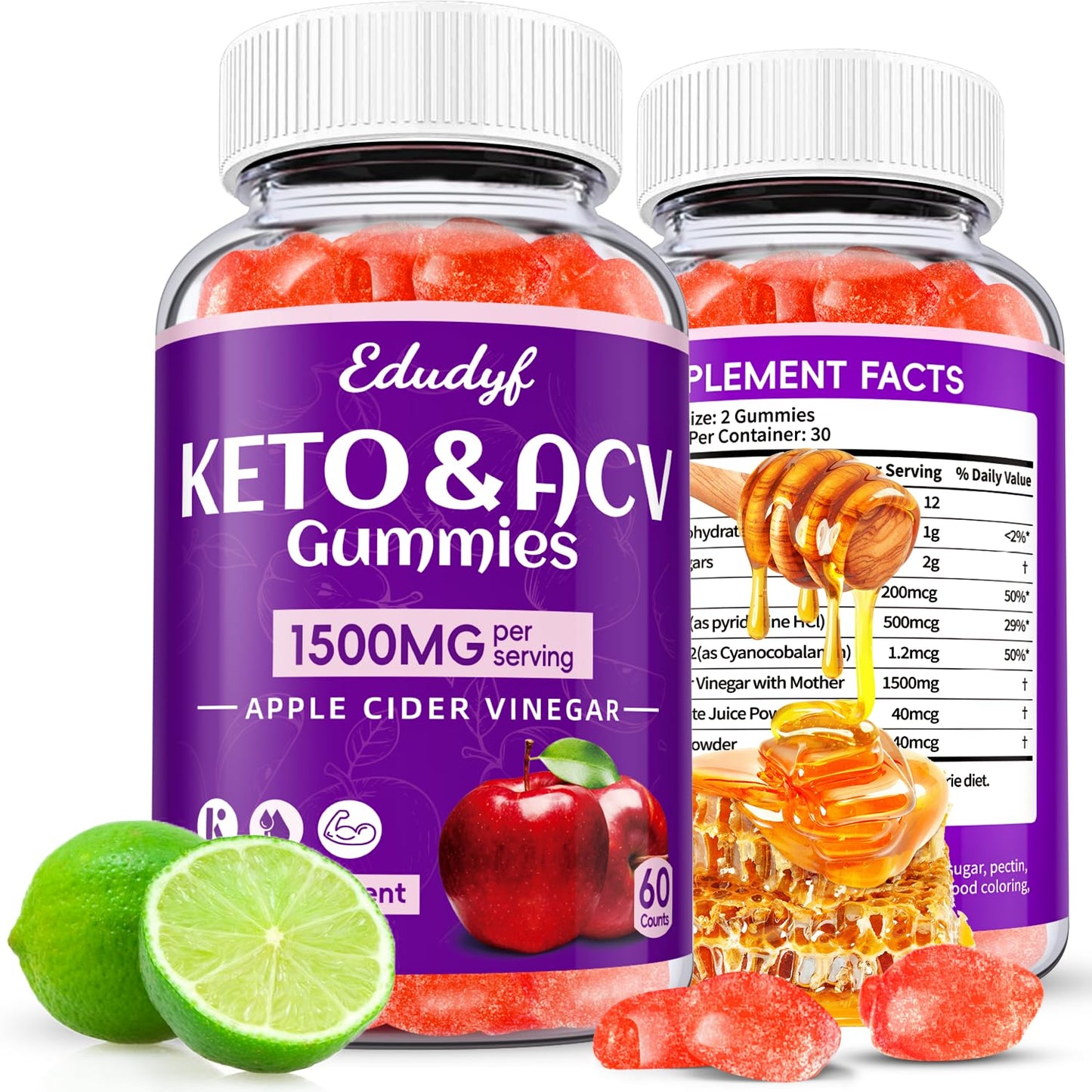 EDUDYF Keto ACV Gummies - 1500mg Apple Cider Vinegar Gummies with Probiotics, B12 and Keto Support, GMO Free & Vegan - 120 Count