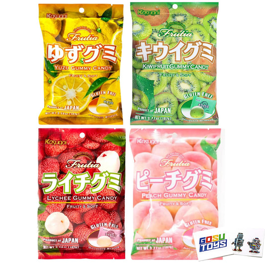 Kasugai Japanese Gummy Candy with Real Fruit Juice 4 Pack Yuzu Kiwifruit Lychee Peach with 2 Gosutoys Stickers