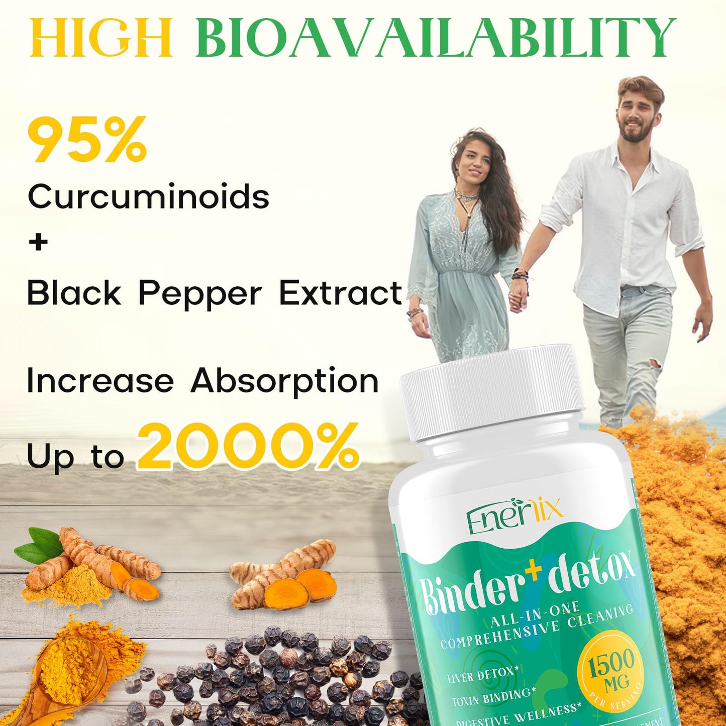 Enerlix 15-in-1 Detox Binder, Activated Charcoal, Zeolite & Bentonite Clay, Chlorella, 1500 MG Supplement Maximum Absorbent, Liver Gut Digestive Toxin Detox Cleanse, 90 Vegan Capsules