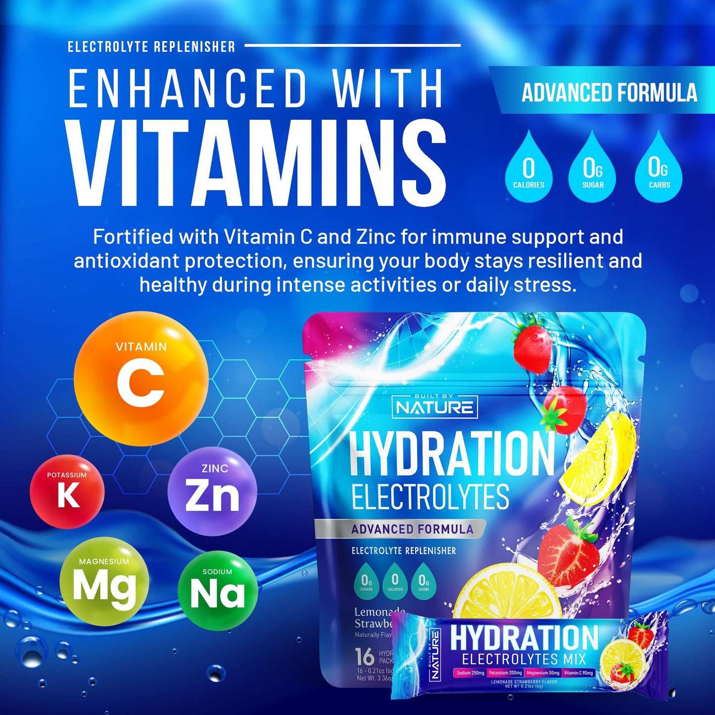 Electrolytes Powder Hydration Packets - Recovery Drink Mix with Sodium, Potassium, Magnesium, Calcium, Vitamin C & Zinc - Sugar Free, Keto, Non GMO & Vegan - Strawberry Lemonade - 16 Sticks