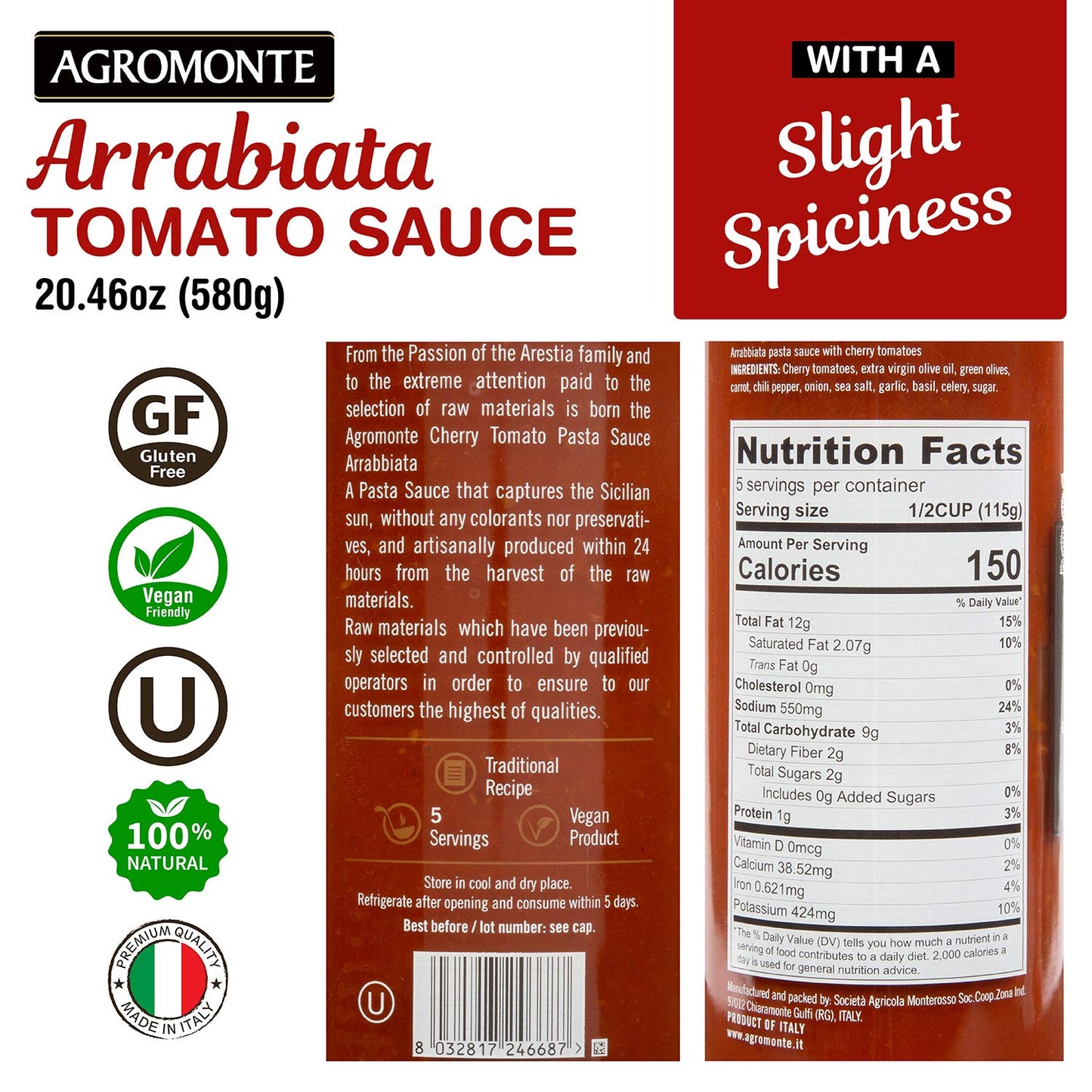 Agromonte Authentic Italian Cherry Tomato Pasta Sauce Arrabbiata Taste of Italy Gourmet Foodie and Chef Gift  Certified Kosher GlutenFree All Natural Spicy Sauce 2046oz 2 pack