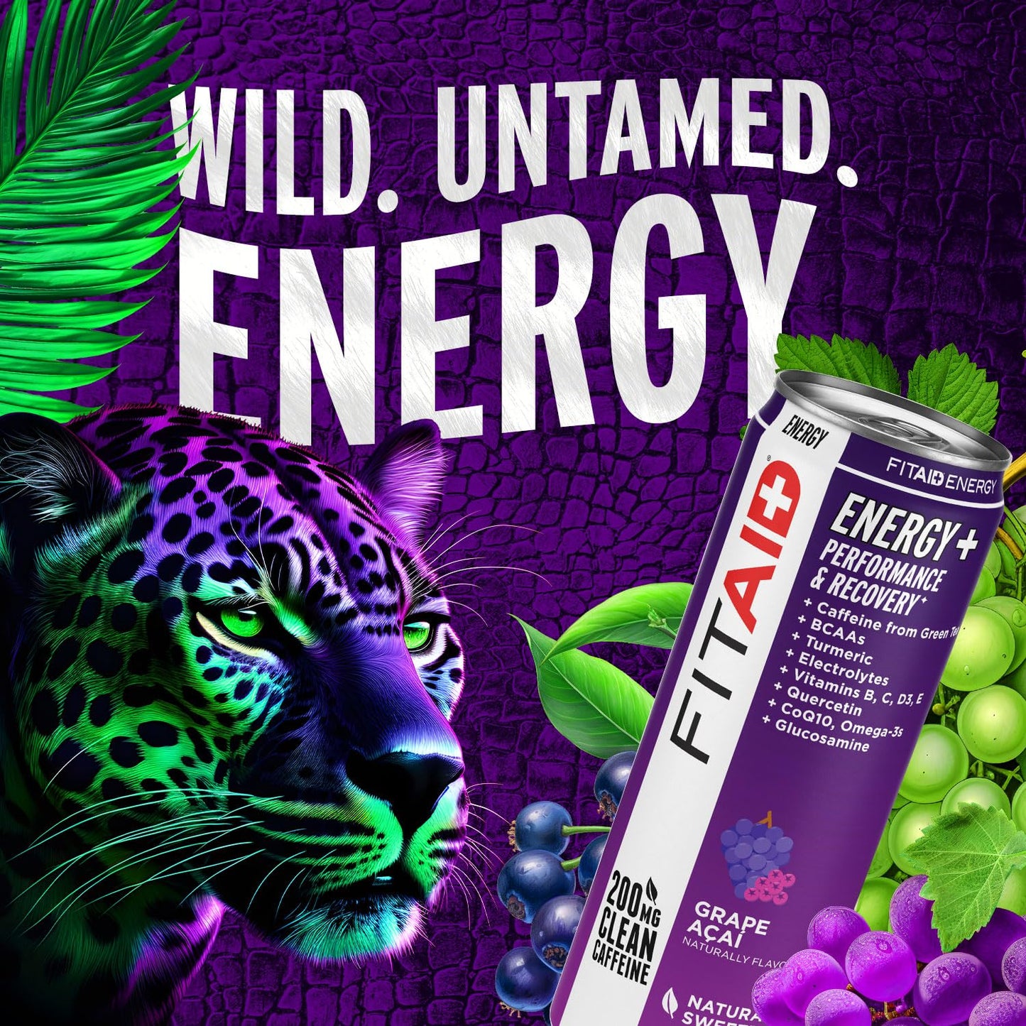 LIFEAID FITAID Energy Grape AÇAI, 200mg Natural Caffeine, Keto, Pre-Workout Performance: BCAAs, Quercetin, Electrolytes, Omega-3s, 15 Calories, Paleo, Vegan & Gluten-Free,12-oz (Pack of 24)