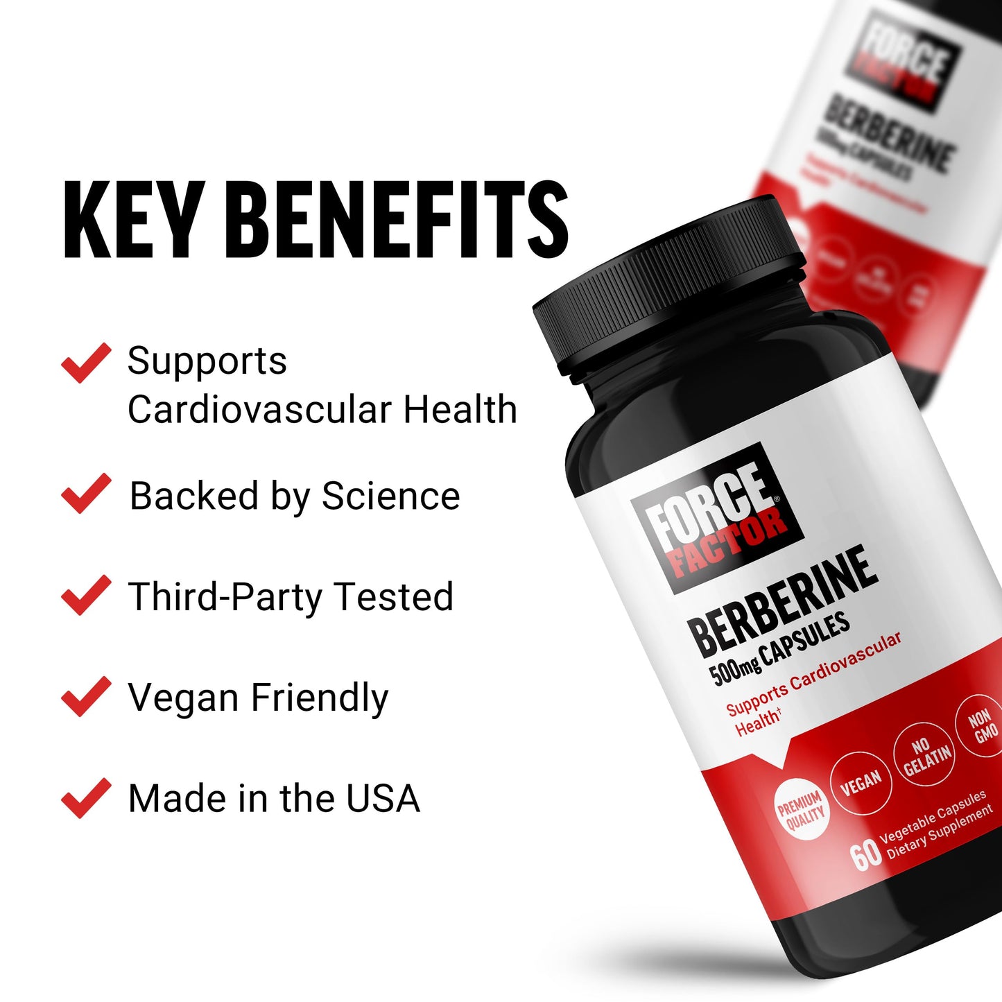 FORCE FACTOR Berberine 500mg Supplement, Cardiovascular Support Supplement, Supports Heart Health, Premium Quality, Vegan, No Gelatin, Non-GMO, 60 Vegetable Capsules