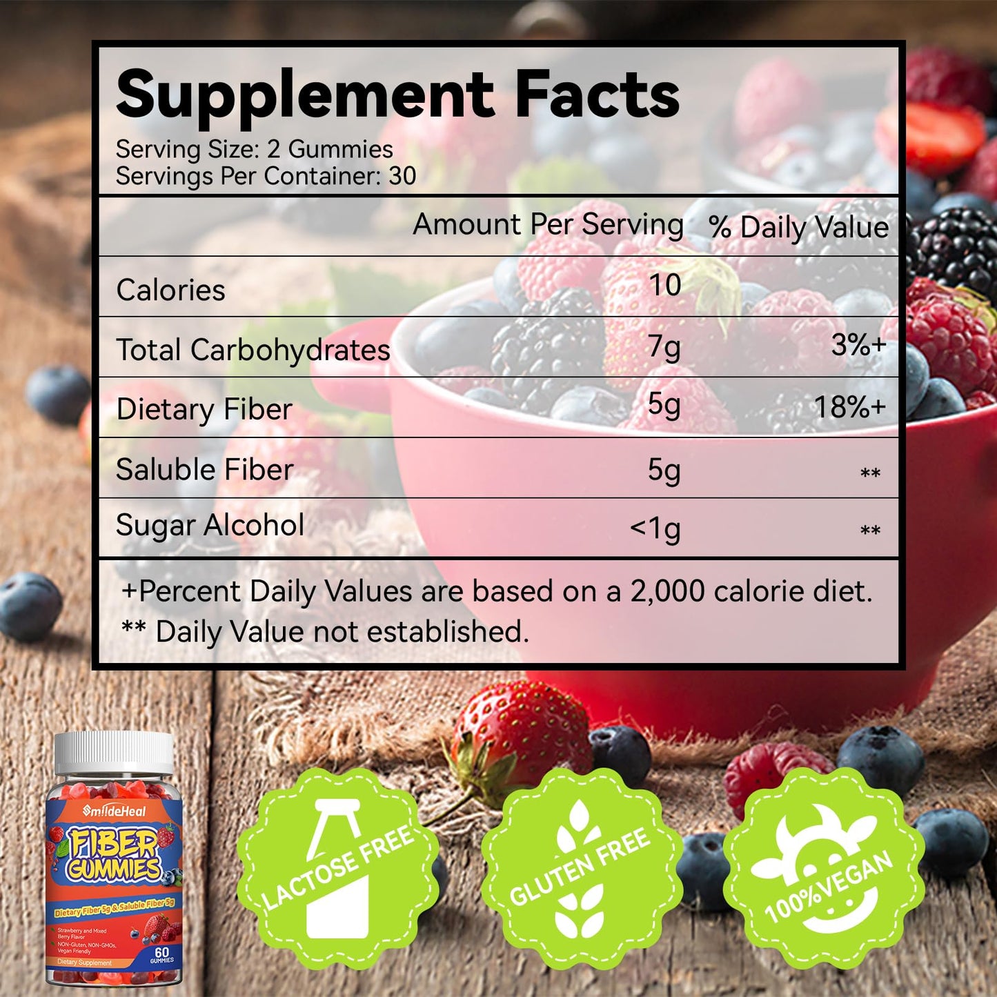 SmildeHeal Fiber Gummies, Dietary Fiber, Soluble Fiber, for Women and Men, Gut Health Support, Non-GMOs, Non-Gluten, Vegan, Mixed Berry and Strawberry Flavor, 60 Count Gummies(Pack of 2)