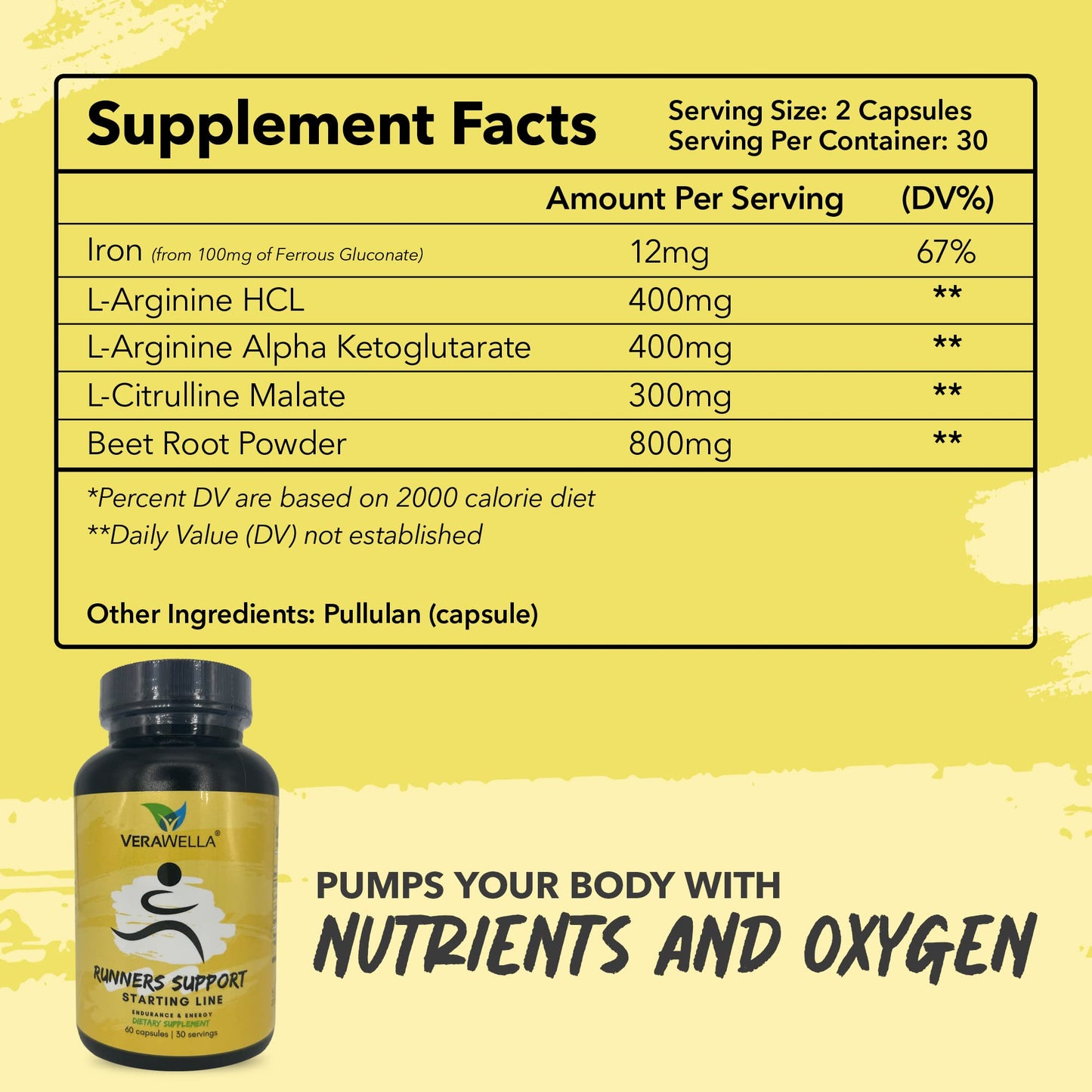 VeraWella - Runners Support Starting Line, Nitric Oxide Booster with L-Arginine, L Citrulline Malate, & Beet Root Powder, Supports Optimal Blood Flow, Endurance and Stamina, 60 Capsules