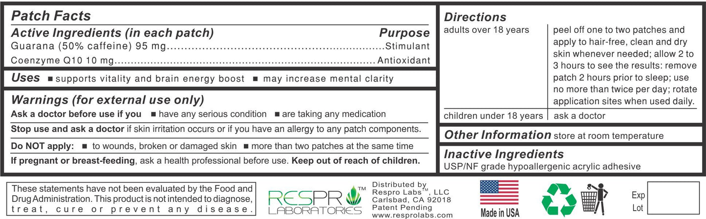 Respro Labs Natural Guarana and CoQ10 Energy Patch Plus, Continuous Release, 10 Patches