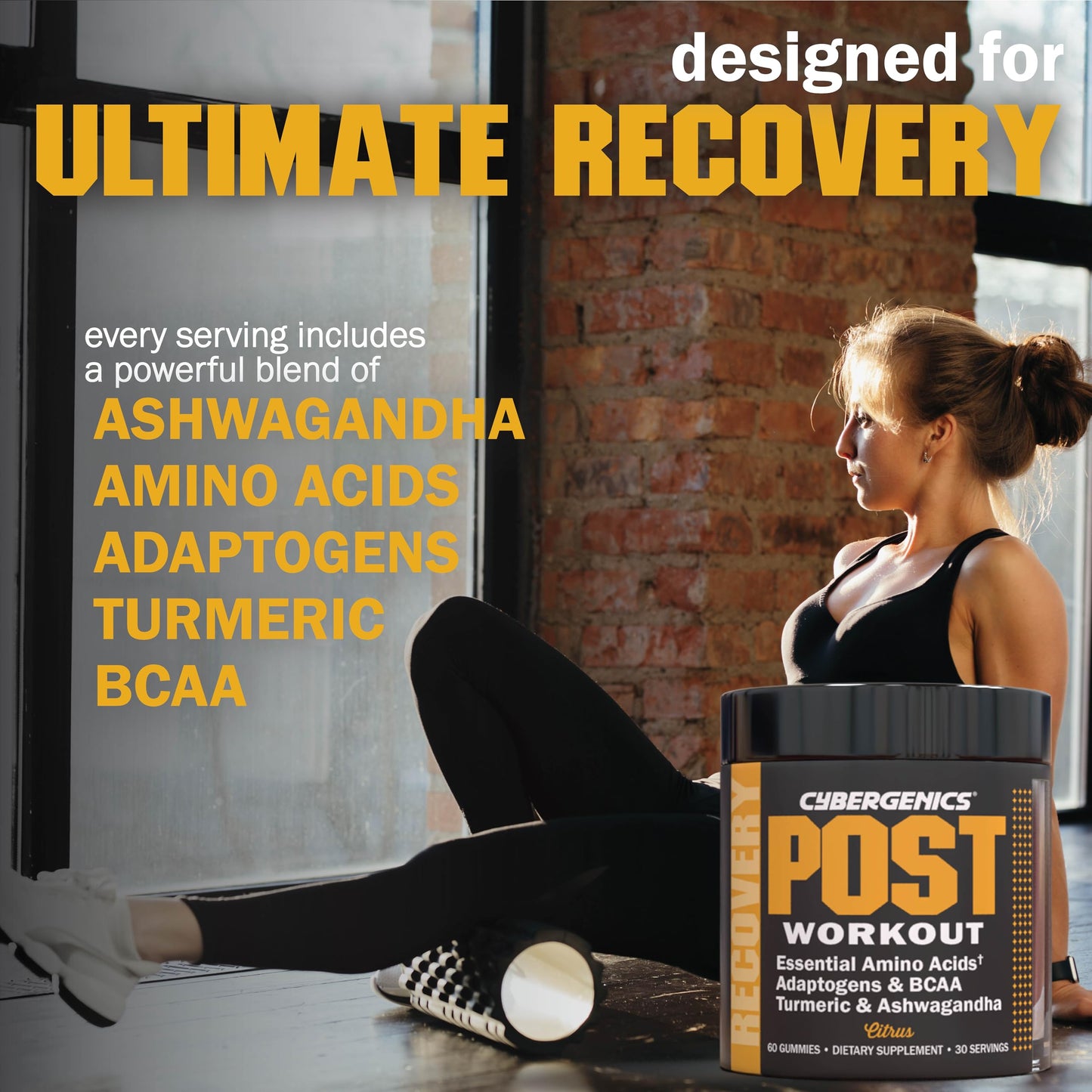 Cybergenics Post-Workout Gummies, Recovery Accelerator, Support Muscle Recovery & Joint Health, Essential Amino Acids, with Ashwagandha & Curcumin, BCAAs, Citrus Flavor, 60 Gummies, 30 Servings