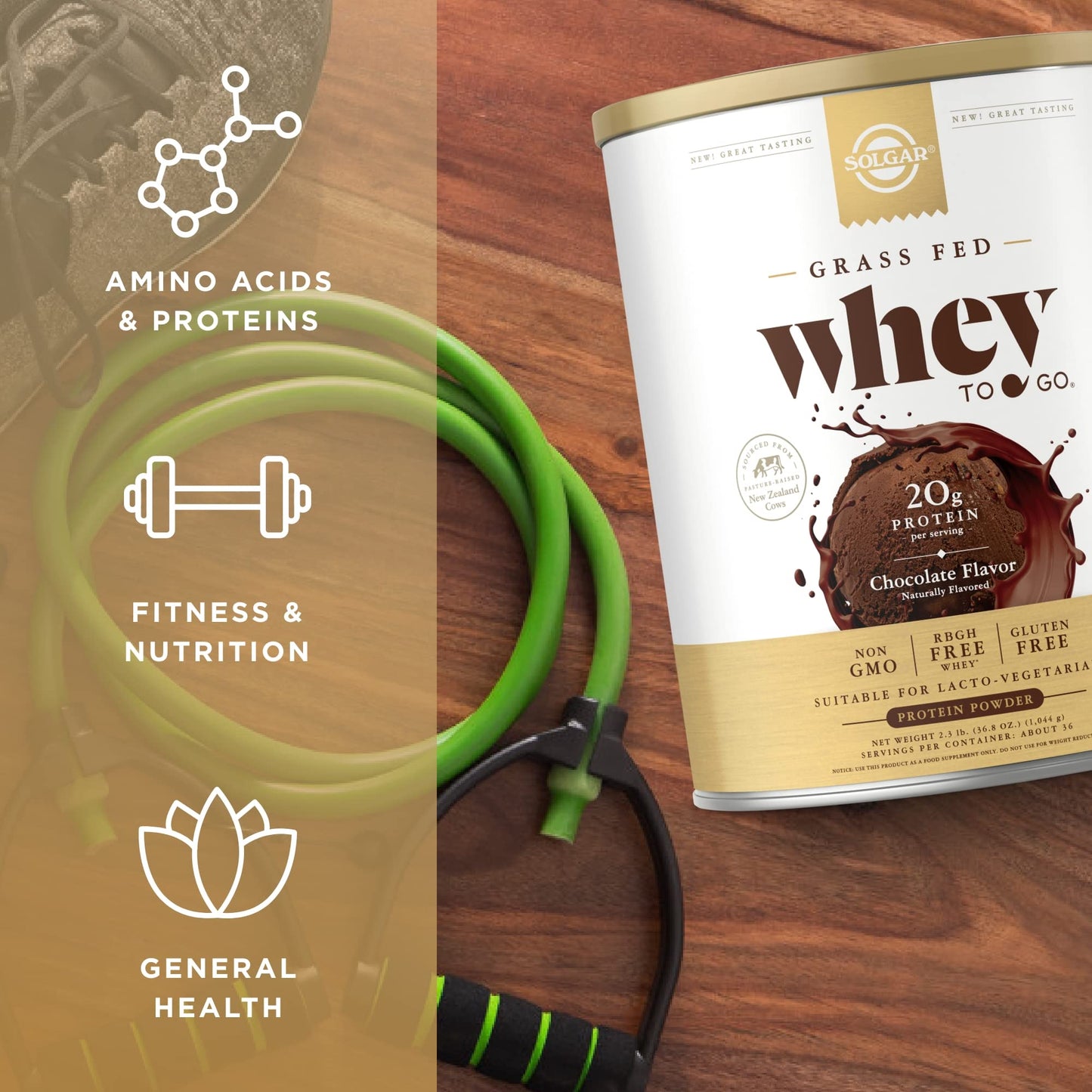 SOLGAR Grass Fed Whey to Go, Chocolate - 2.3 lb - Grass-Fed Whey Protein Powder - rBGH Free, Non-GMO, Gluten Free - 36 Servings