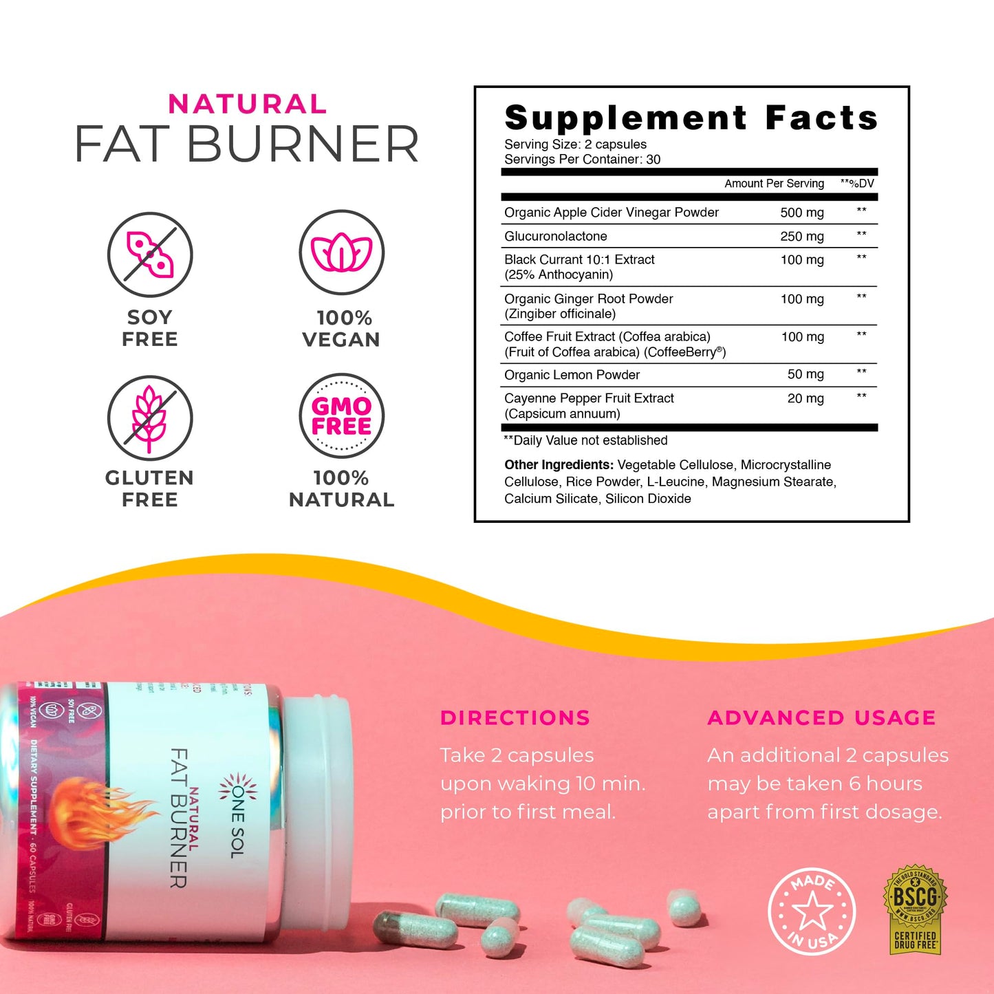 One Sol Fat Burner for Women, Natural Metabolism Booster, Burn More Calories, Boost Energy & Mood, Curb Appetite & Stop Cravings, No Crash or Jitters, All-Natural Ingredients, Gluten & Soy Free