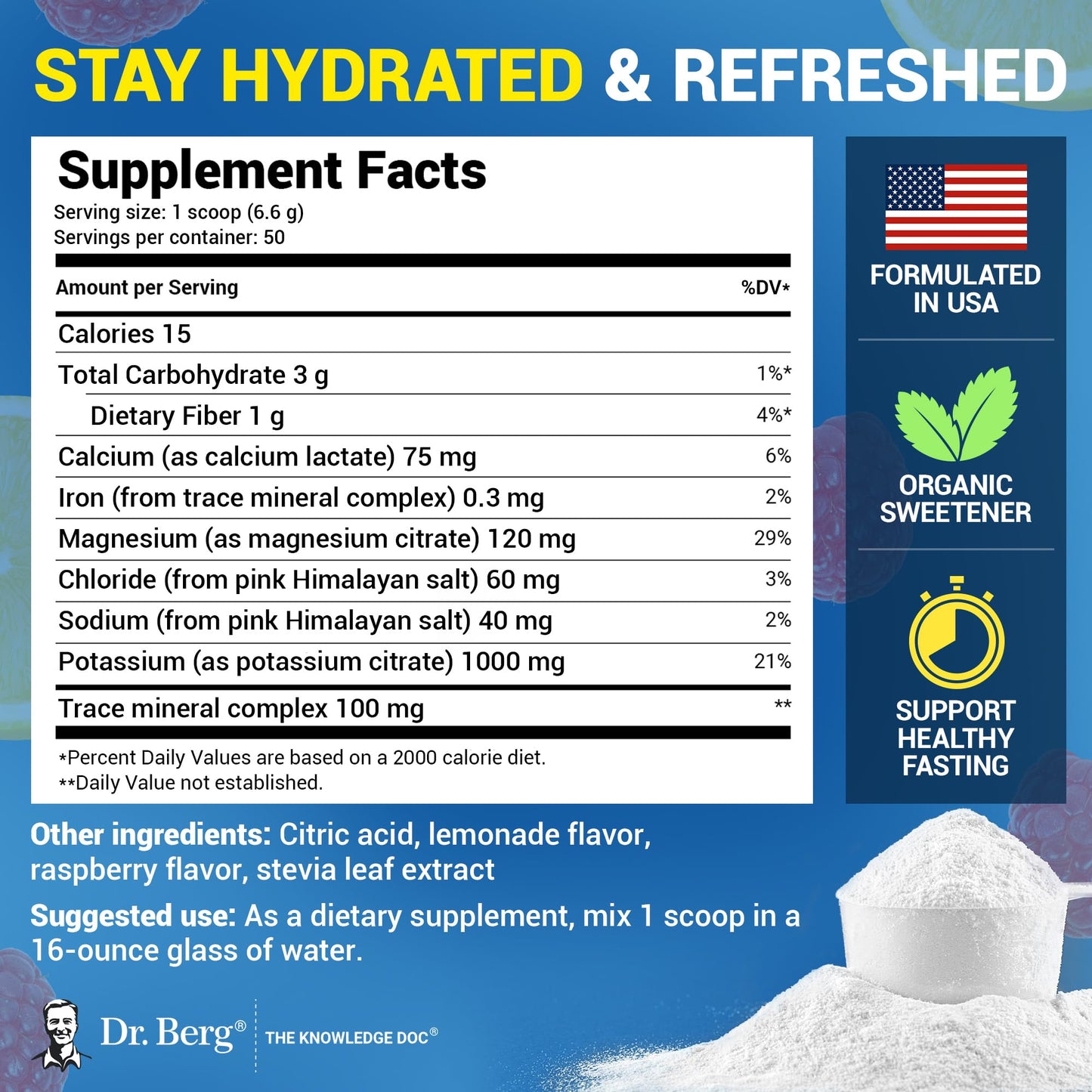 Dr. Berg Zero Sugar Hydration Keto Electrolyte Powder - Enhanced w/ 1000 mg of Potassium & Real Pink Himalayan Salt (NOT Table Salt) - Raspberry & Lemon Flavor Hydration Drink Supplement - 50 Servings