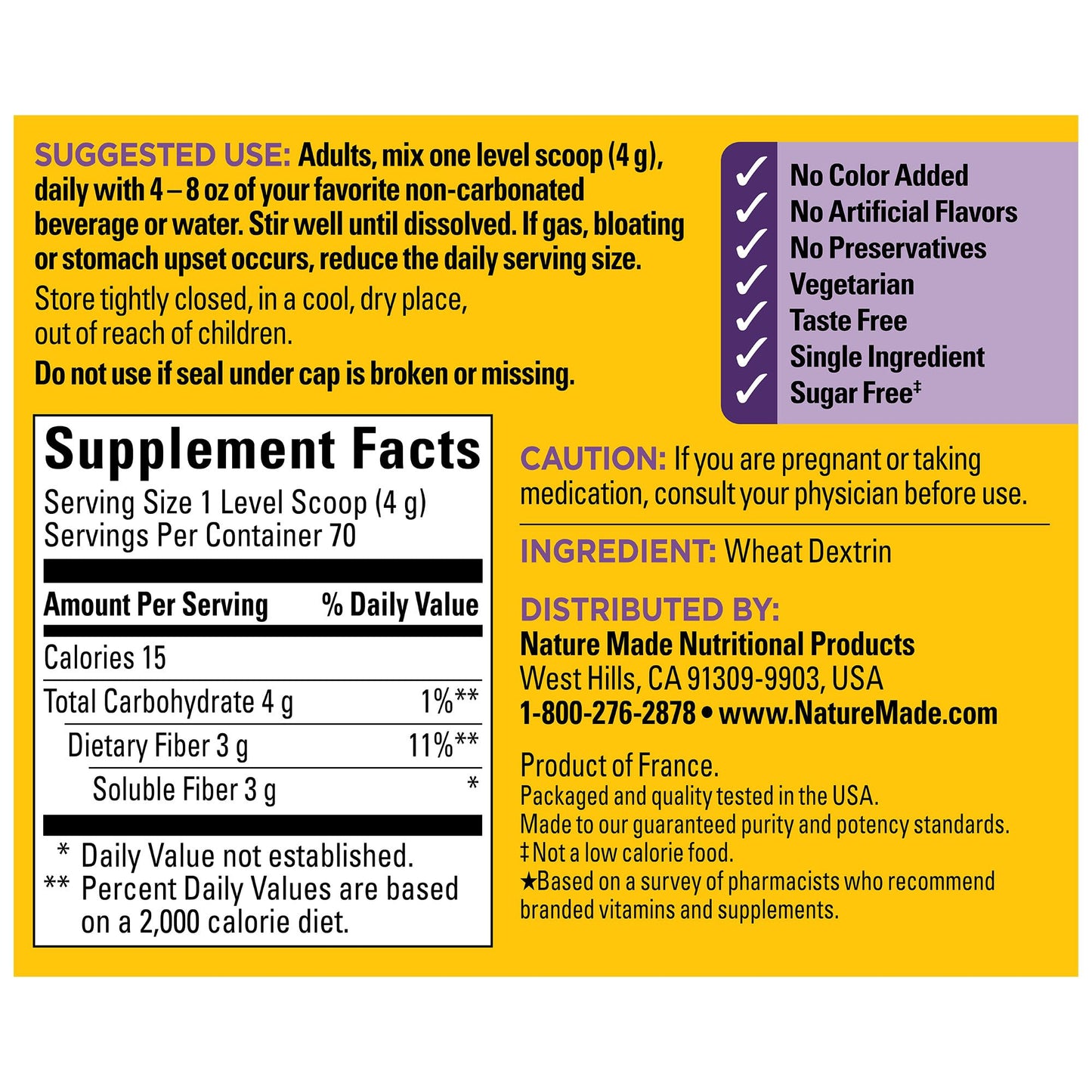 Nature Made Prebiotic Fiber Powder, Taste Free & Sugar Free Plant Based Vegetarian Prebiotic Fiber Drink Mix for Digestive System Support, 9.87 oz, 70 Day Supply