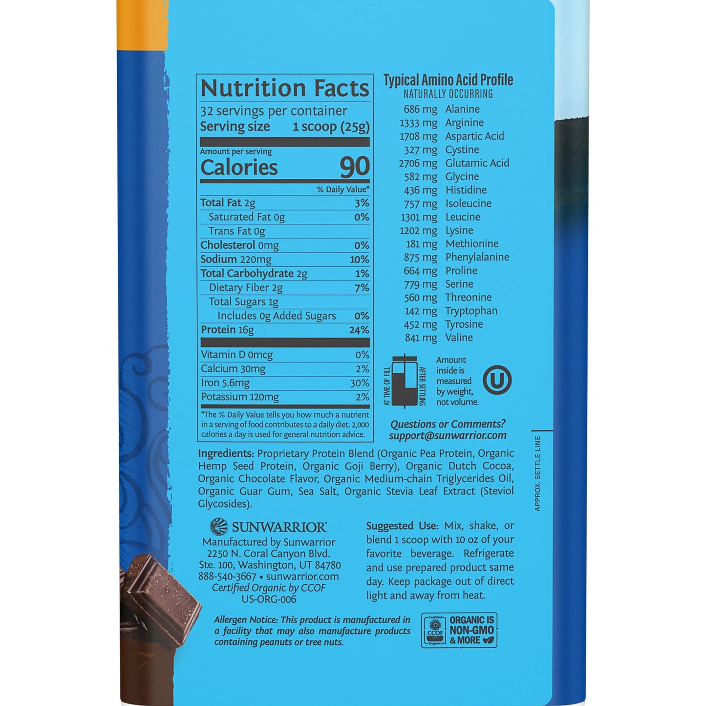Sunwarrior Vegan Protein Powder Plant-Based USDA Organic Protein BCAA Amino Acids Hemp Seed Keto Friendly Soy, Dairy, Gluten, & Synthetic Free Non-GMO Chocolate 32 Servings 16g
