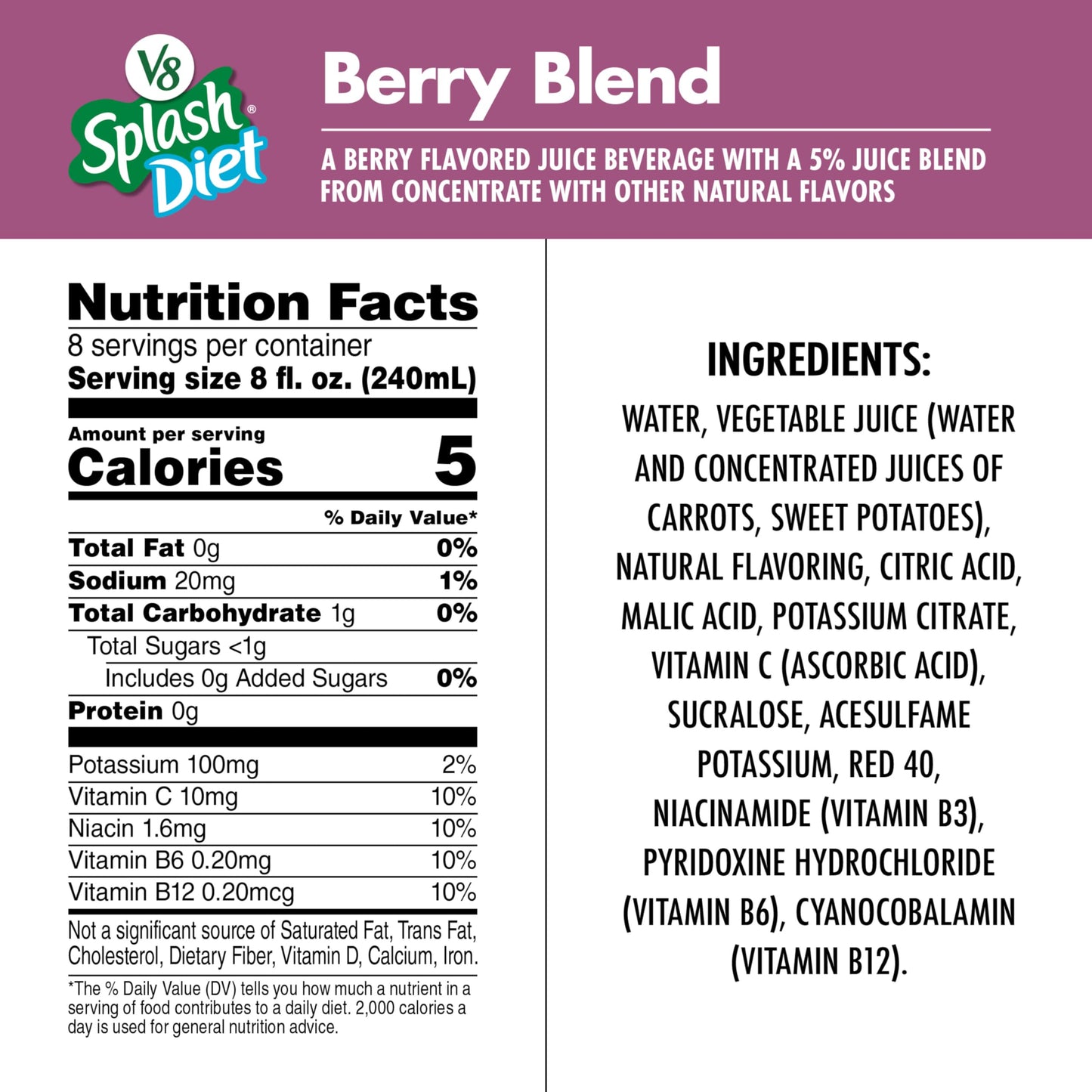 V8 Splash Diet Berry Blend Flavored Juice Beverage 64 fl oz Bottle 6 Pack
