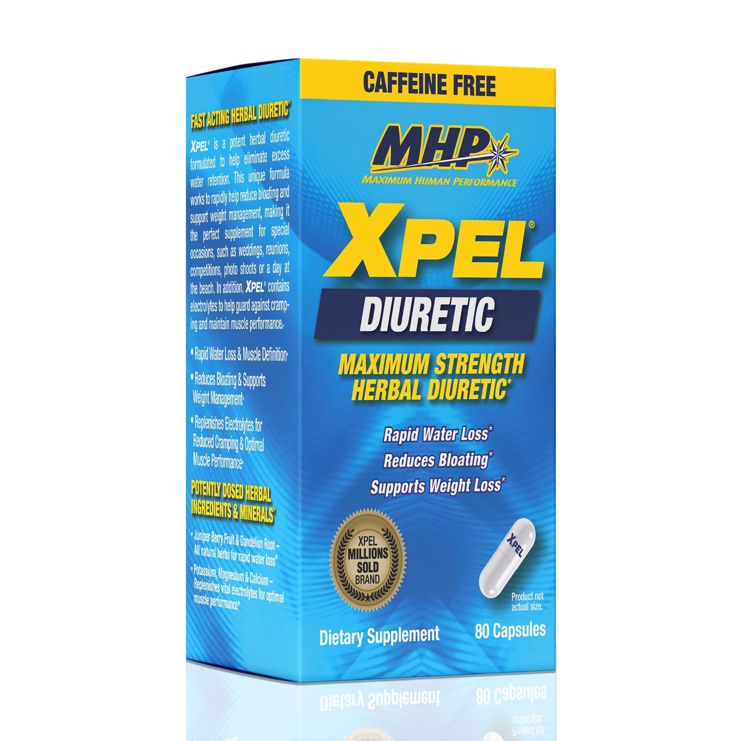 MHP Xpel Maximum Strength Diuretic Water Pills, for Water Retention Relief, Caffeine-Free with Vitamin B-6 Potassium Dandelion Root, 80 Capsules