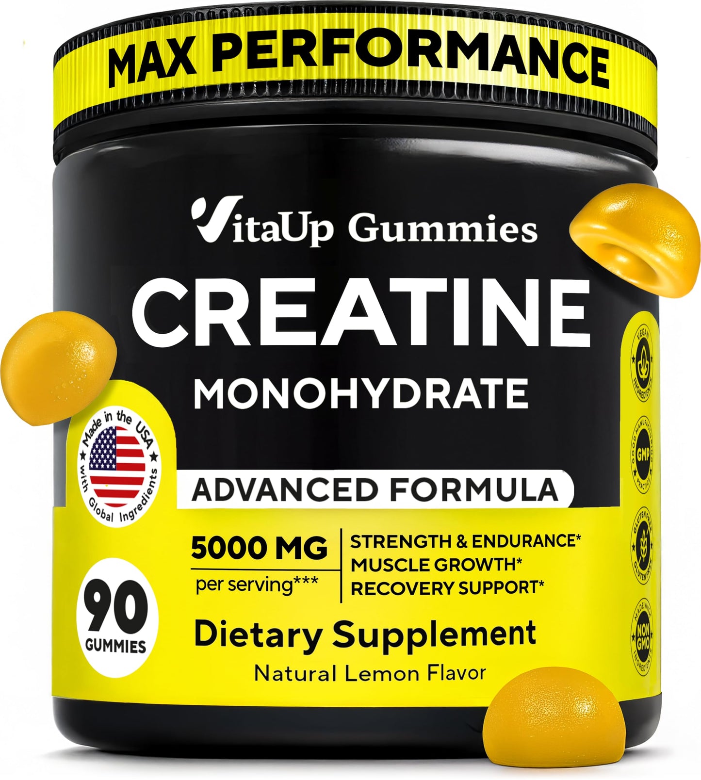 VitaUp Creatine Monohydrate Gummies for Men & Women - USA Made Monohydrate Creatine for Men 5g - Pre-Workout Gummies to Support Energy Levels, Training Endurance & Muscle Performance - 90 Count