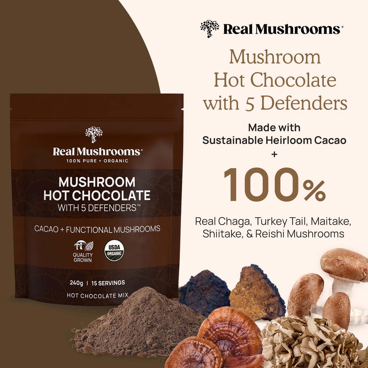Real Mushrooms Organic Hot Chocolate Mix with 5 Defenders Turkey Tail Chaga Maitake Shiitake  Reishi Mushroom  Organic Cacao Powder  Vegan Mushroom Supplement GlutenFree 15 Servings