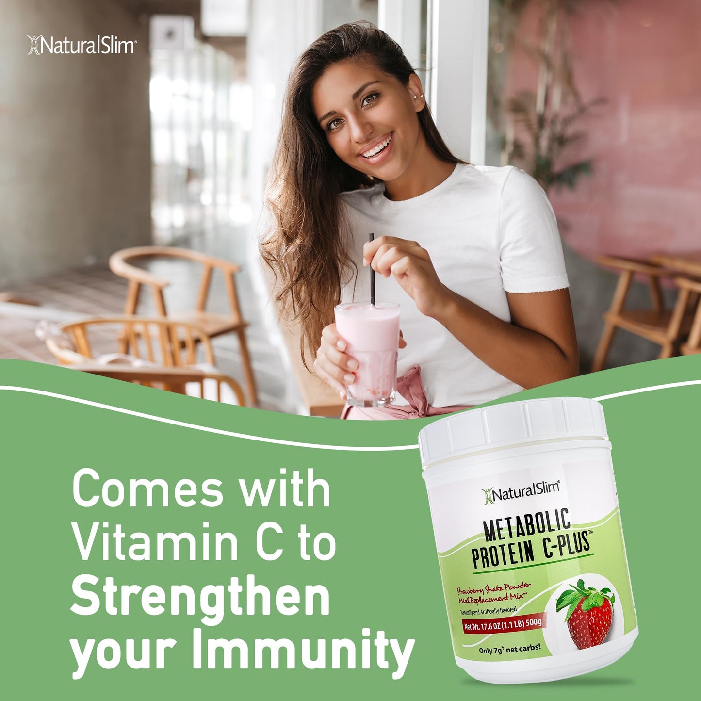 Naturalslim Protein Powder with Vitamins and Minerals Metabolic C-Plus - Meal Replacement Powder Fortified with Vitamin C, Zinc & Amino Acid - Strawberry Protein Powder 10 Servings 1.1 lb.