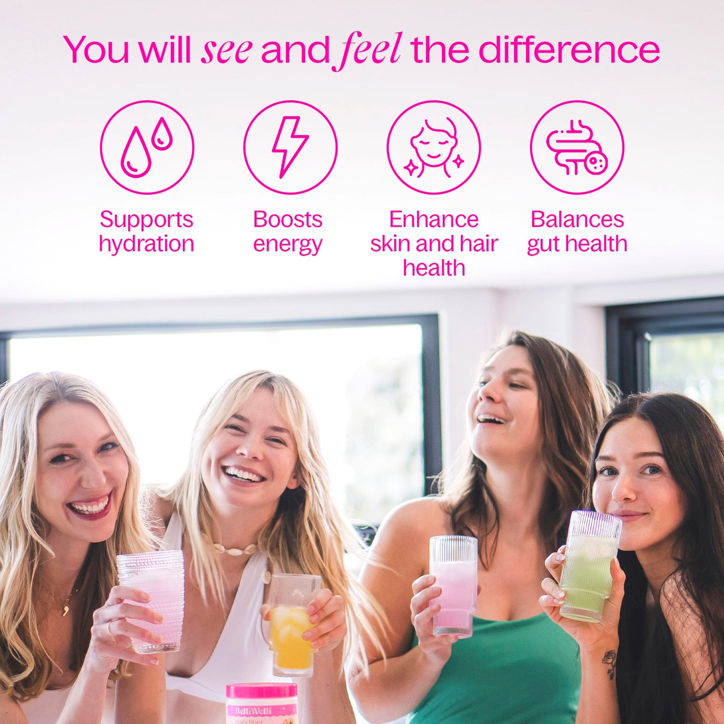 Belli Welli Daily Fiber Supplement Powder with Collagen, Probiotics & Electrolytes | Supports Digestive Health, Gut Balance & Debloating | Strawberry Lemonade | 16 Servings