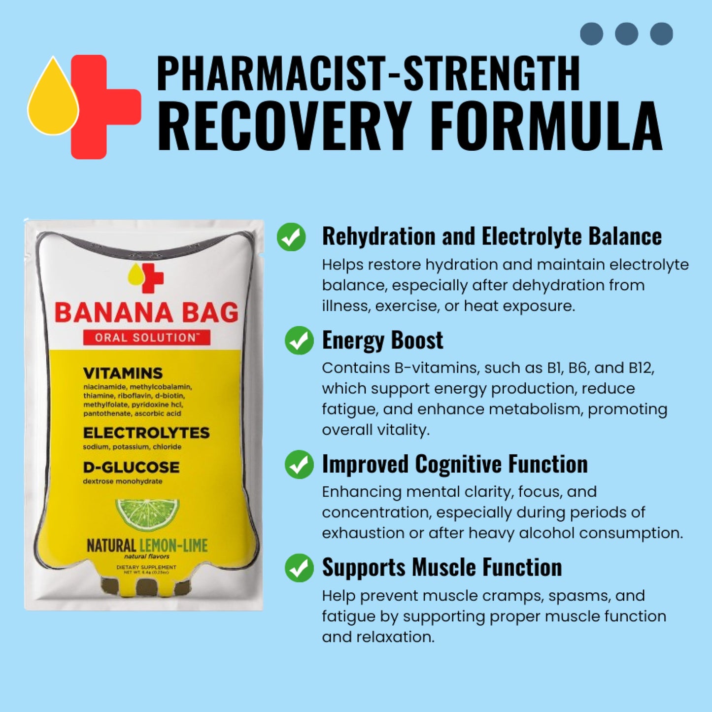 Banana Bag Oral Solution Packets - Natural Lemon Lime 30pk Pouch | A Refreshing Blend of Electrolytes, Vitamin C, and B-Complex for Daily Hydration and Energy | Perfect for Any Lifestyle.