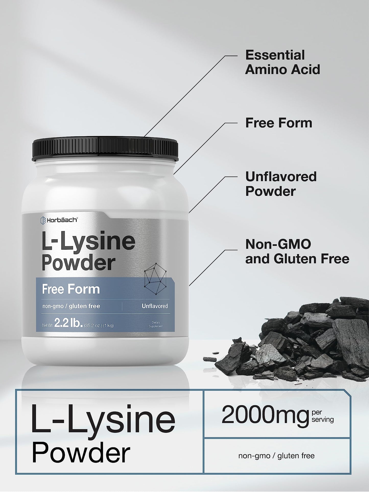 Horbäach L-Lysine Powder | 2.2 lbs | Unflavored Free Form Supplement | Vegetarian, Non-GMO, Gluten Free Formula