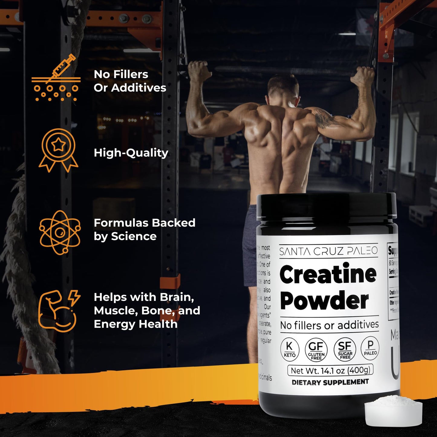 Santa Cruz Paleo Creatine Powder, Supports Muscle Growth & Energy, Gluten Free, Keto, Sugar Free, Paleo, No Fillers or Additives, Creatine Monohydrate Powder, 14.1oz, 80 Servings