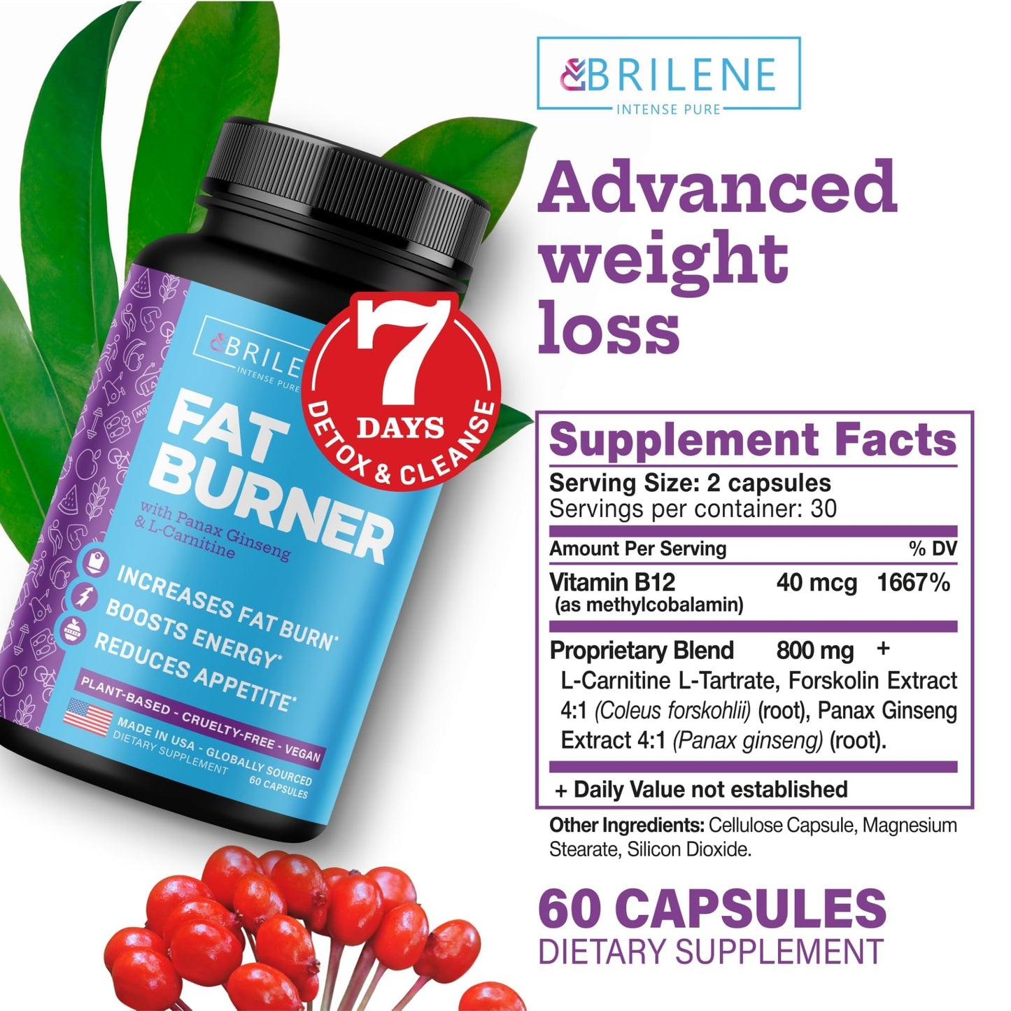 BRILENE Weight Loss Pills for Women - Made in USA - Natural Appetite Suppressant & Metabolism Booster - Fat Burners with L-Carnitine to Lose Weight Fast - 60 Capsules