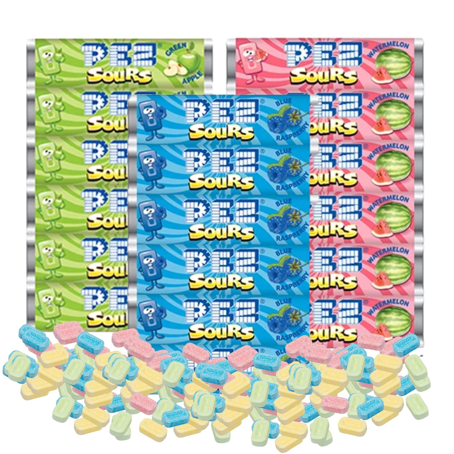Bulk Sour Pez Candies Refill Bags Pineapple Green Apple Blue Raspberry and Watermelon Hard Candy Sours Pack of 2