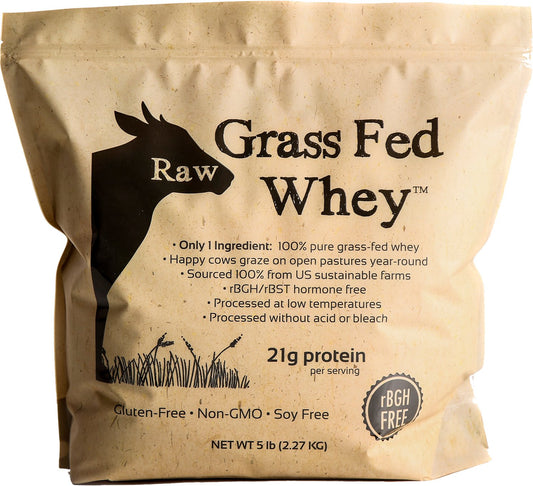 Raw Grass Fed Whey Protein Powder, Happy Healthy Cows, Undenatured, GMO-Free, Hormone Free, Soy Free, Gluten Free, Unflavored, Unsweetened, 5LB