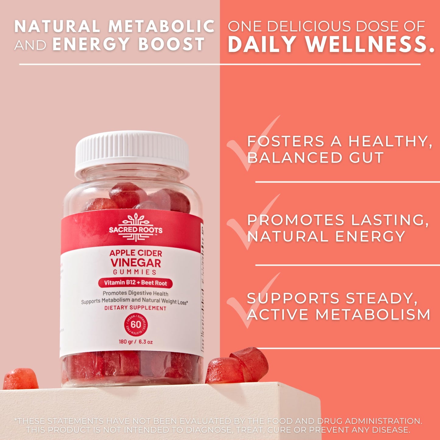Sacred Roots Apple Cider Vinegar Gummies - Sugar Free Apple Cider Gummies with Vitamin B12 and Beetroot Powder - Vegan, Non-GMO & Gluten-Free, Made in USA (30 Servings)