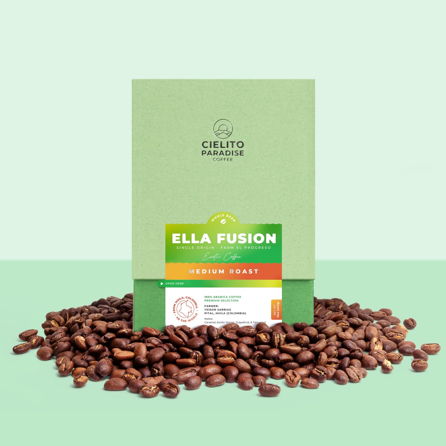 Ella Fusion Anaerobic Medium Roast Specialty Coffee with Natural Fermentation Process from Cielito Paradise featuring notes of caramel exotic spices grapefruit and tamarind 12oz