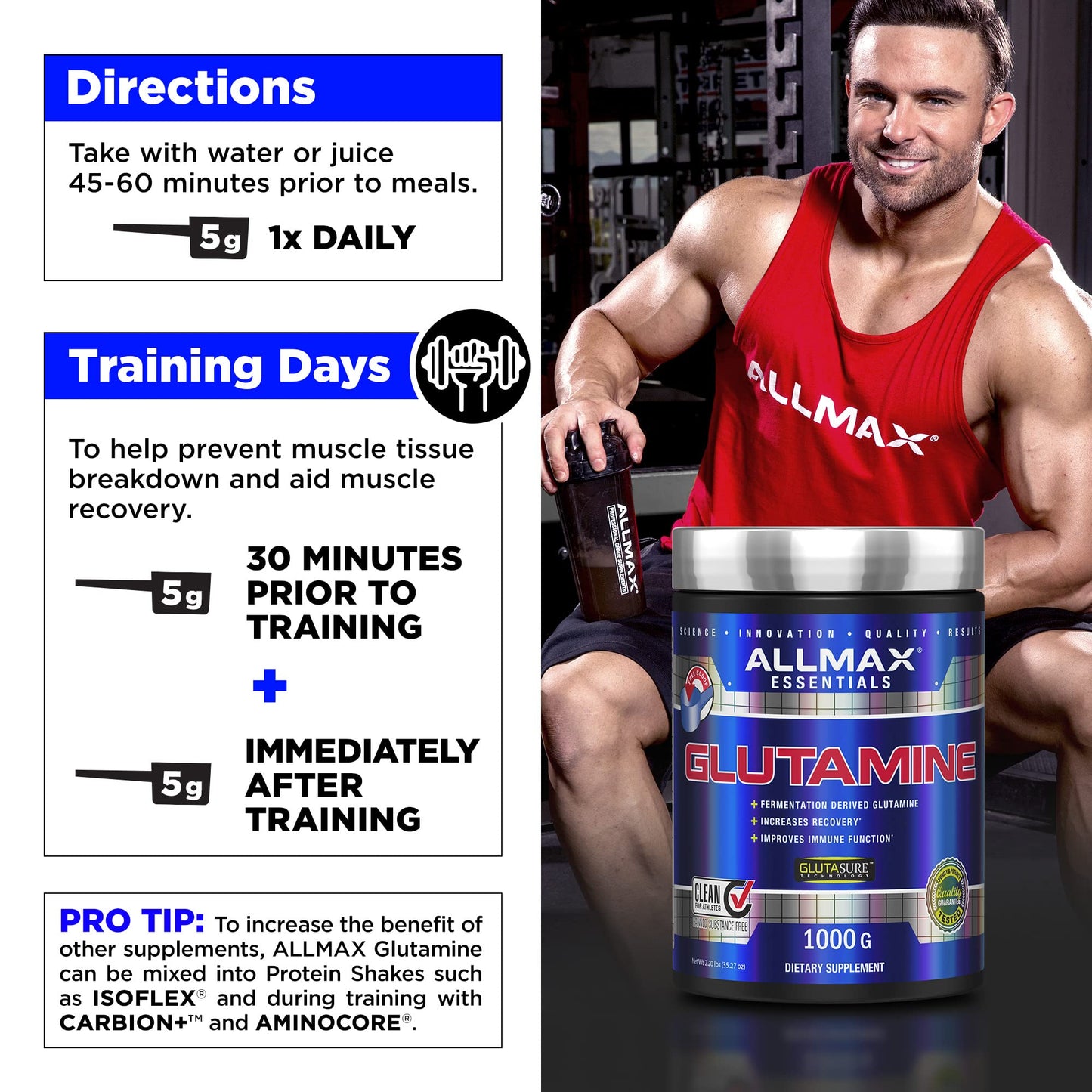 ALLMAX Essentials GLUTAMINE - 100 g Powder - Fermentation-Derived Glutamine - Increases Recovery & Supports Immune System - Gluten Free & Vegan - 20 Servings