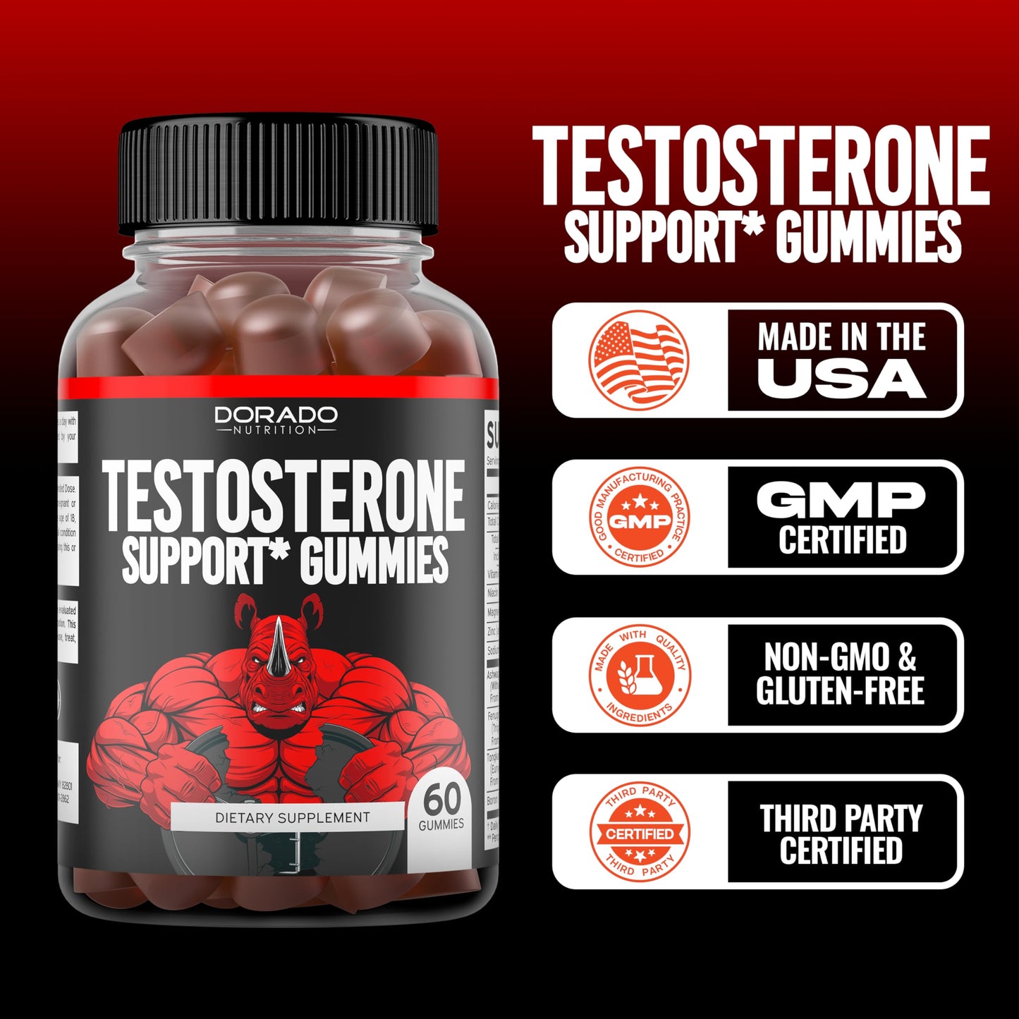Testosterone Gummies for Men (60 Count) Testosterone Supplement for Men - Premium Test Booster - Support Strength, Stamina, Drive & Performance - Third Party Tested, Non-GMO, Vegan Safe & Made in USA