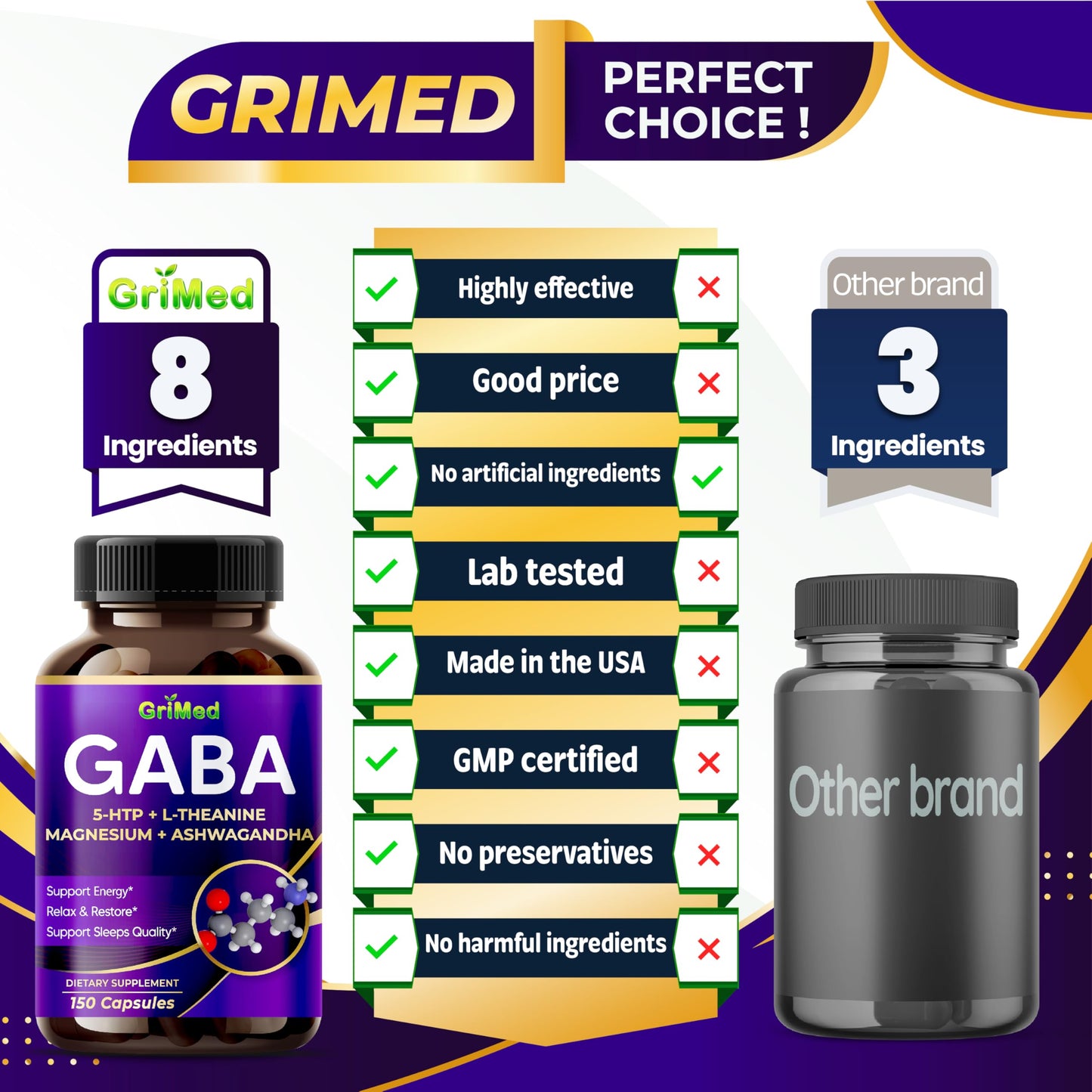 GriMed GABA 16,280mg - X15 Power with 5-HTP, L-Theanine, Magnesium, Ashwagandha - Relax & Restore, Support Sleep Well - Made in USA (150 Count (Pack of 1))