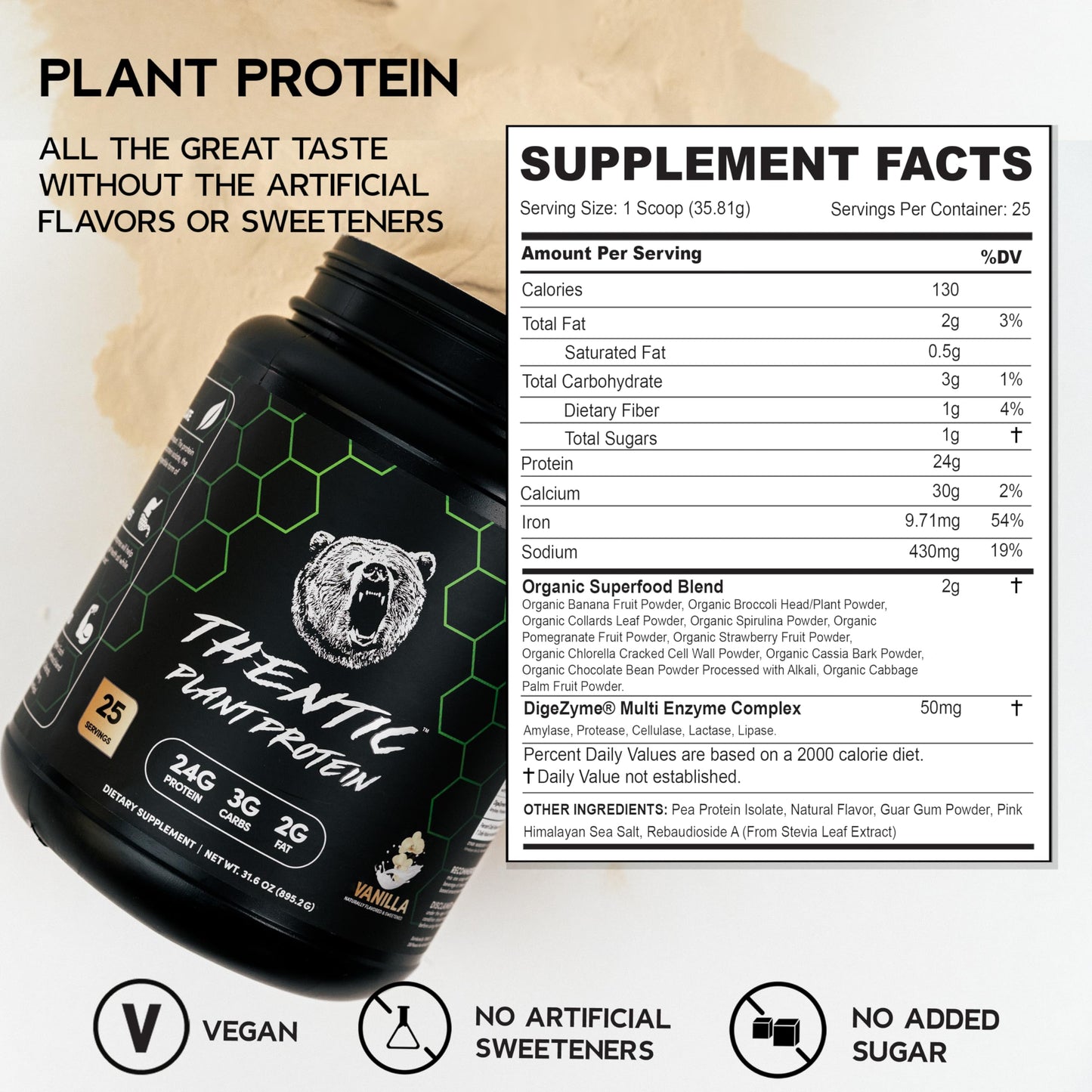 THENTIC Plant Based Protein Powder - Non Dairy Vegan Protein, Zero Artificial Ingredients, Soy&Gluten Free,No Added Sugar, 5.8g BCAA,Digestive Enzymes,Organic Superfoods.25 Servings (Vanilla) 1.9 lb