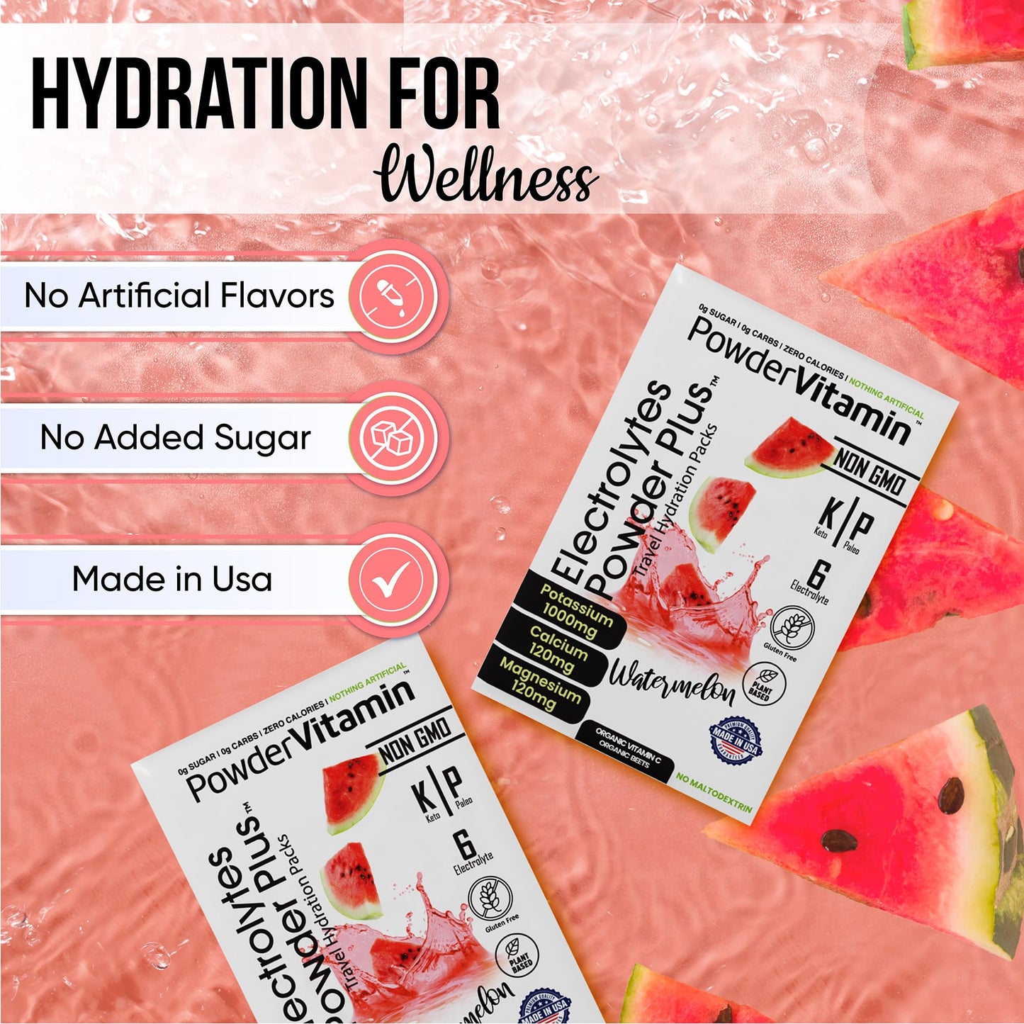PowderVitamin Electrolytes Powder Plus, Keto, Watermelon, Sugar Free, 1000mg Potassium, 120mg Calcium, 120mg Magnesium, Non-GMO, Zero Calories, 30 Hydration Packets