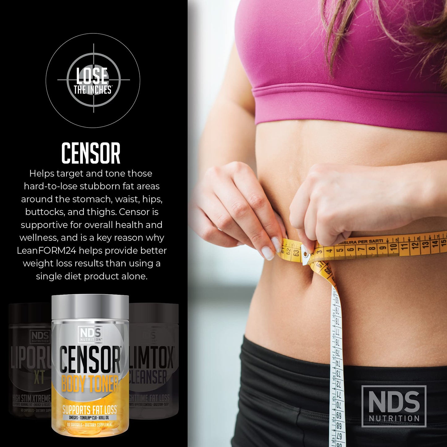 LeanForm24 NDS Nutrition Maximum Strength Weight Loss - Decrease Appetite and Energy Booster - Glutamine, L-Carnitine, and CLA (LipoRush XT 60 Capsules, Censor 90 Softgels, and Slim-Tox 90 Capsules)