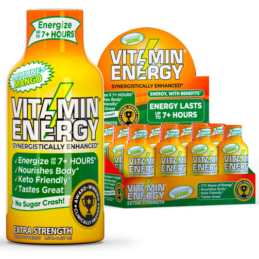 Vitamin Energy Immune+ Extra Strength Energy Shot - Mango - 100% DV B-Vitamins & 260mg Caffeine - Zero Calories, Sugar-Free, Vegan, Non-GMO - Immunity & Energy Support - 1.93 fl oz, 12-Pack