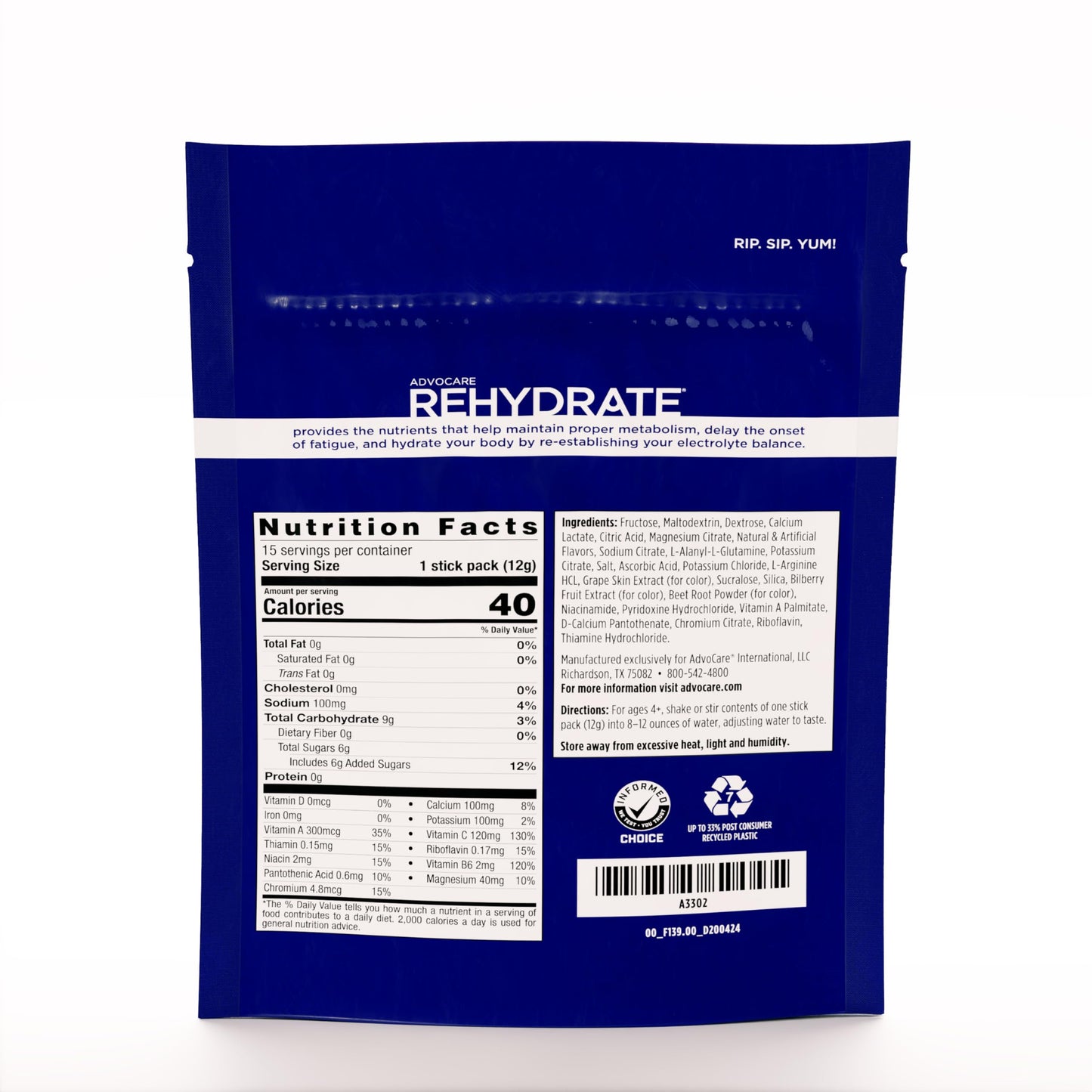AdvoCare Rehydrate Electrolyte Drink Mix - Electrolytes Powder Packets - Drink Mix Packets - Essential Amino Acids Supplement - Powdered Drink Mix for Water - Grape - 15 Hydration Packets