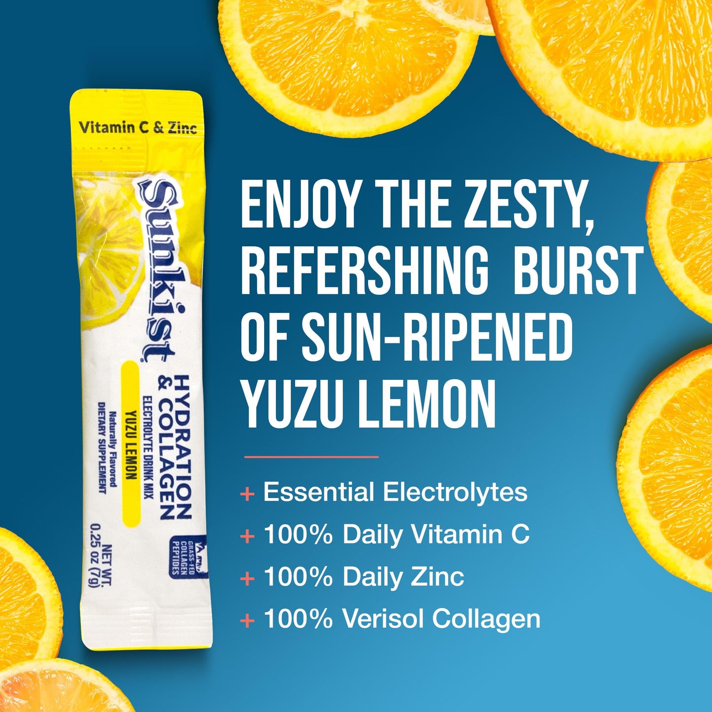 The Frozen Bean Harmony Proteins- Sunkist Collagen Drink Mix - Hydration Yuzu Lemon Electrolyte Drink for Women with Vitamin C, Zinc, Collagen Peptides, Naturally Flavored - 20 Pack