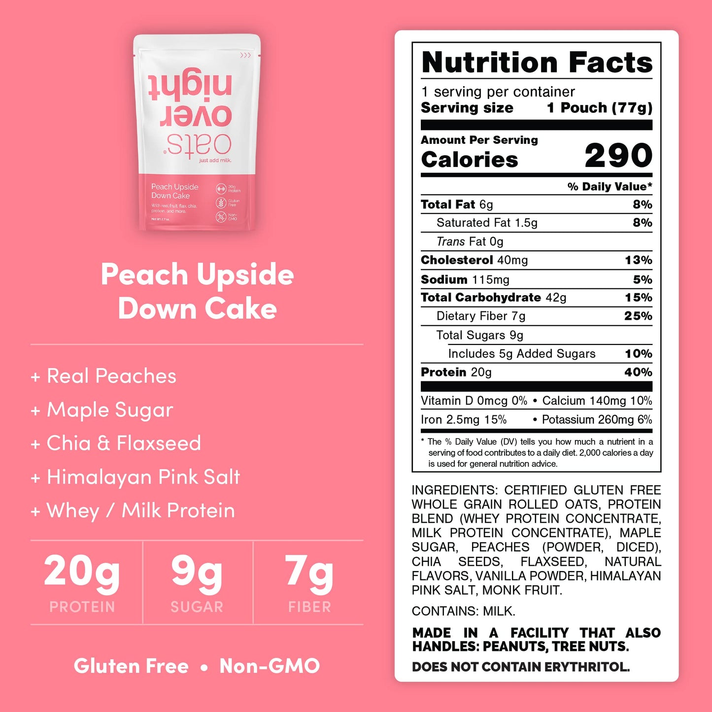Oats Overnight  Peach Upside Down Cake  20g Protein High Fiber Breakfast Shake  Gluten Free Non GMO Oatmeal 27 oz per meal 8 Pack